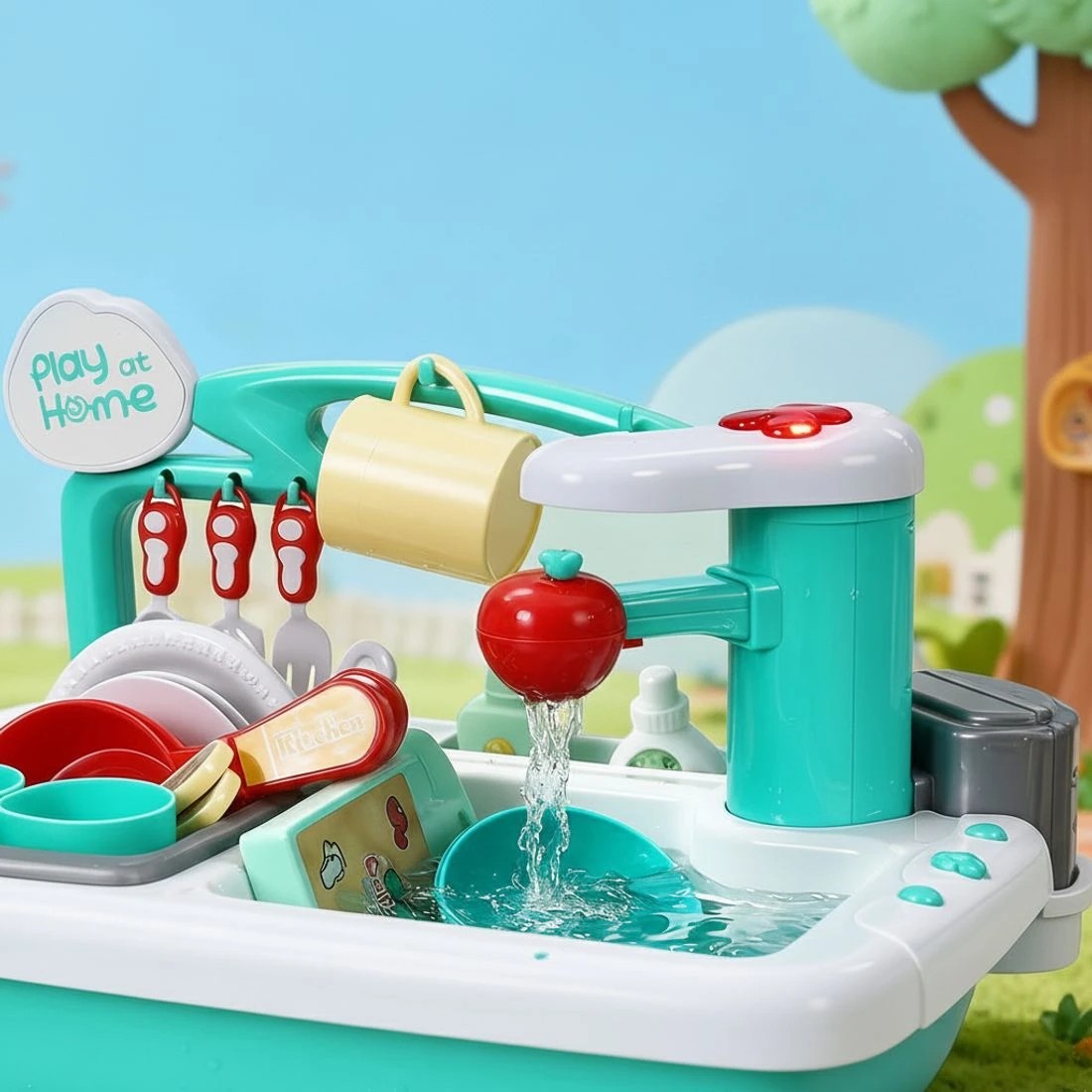 4 Keezi Kids Kitchen Play Set Play Pretend Sink Dishwasher Toys Green - Multi, 4 of 8