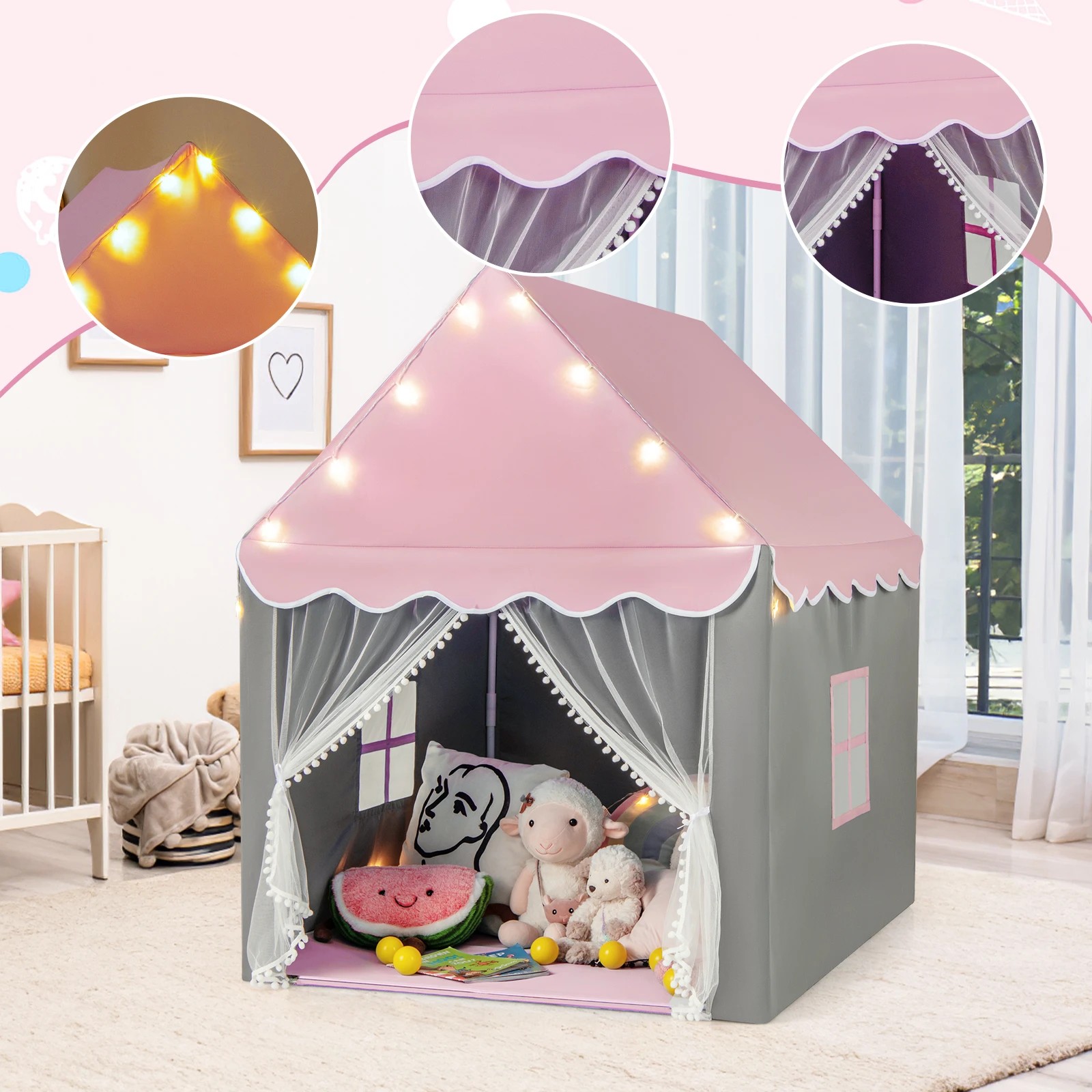 2 Costway Play Tent Large Castle Playhouse Fairy Tent - Pink, 2 of 5