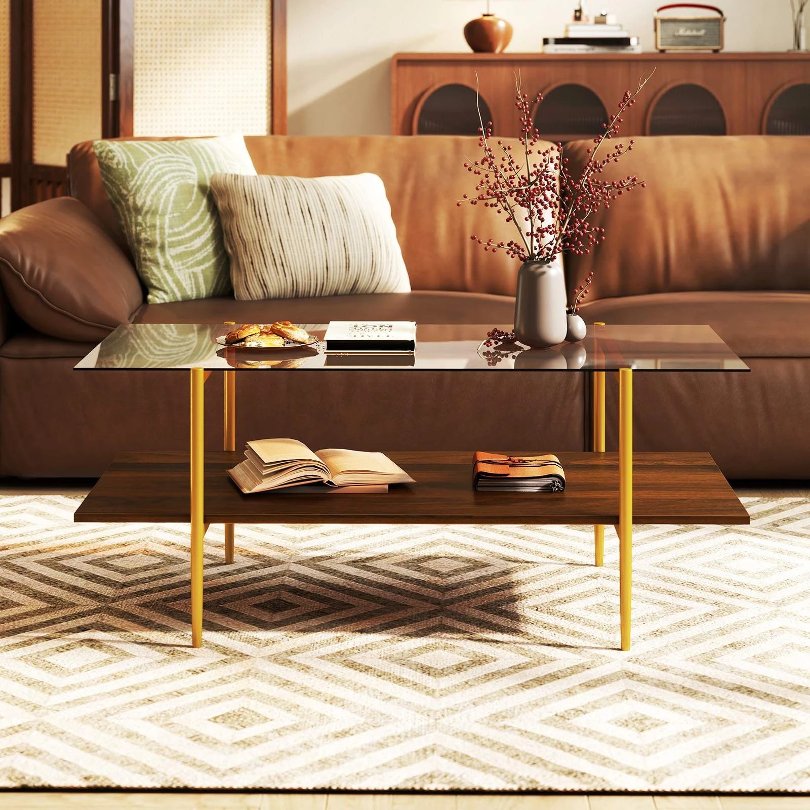 4 Costway 2-Tier Tempered Glass Coffee Table Rectangle Center Table, 4 of 5