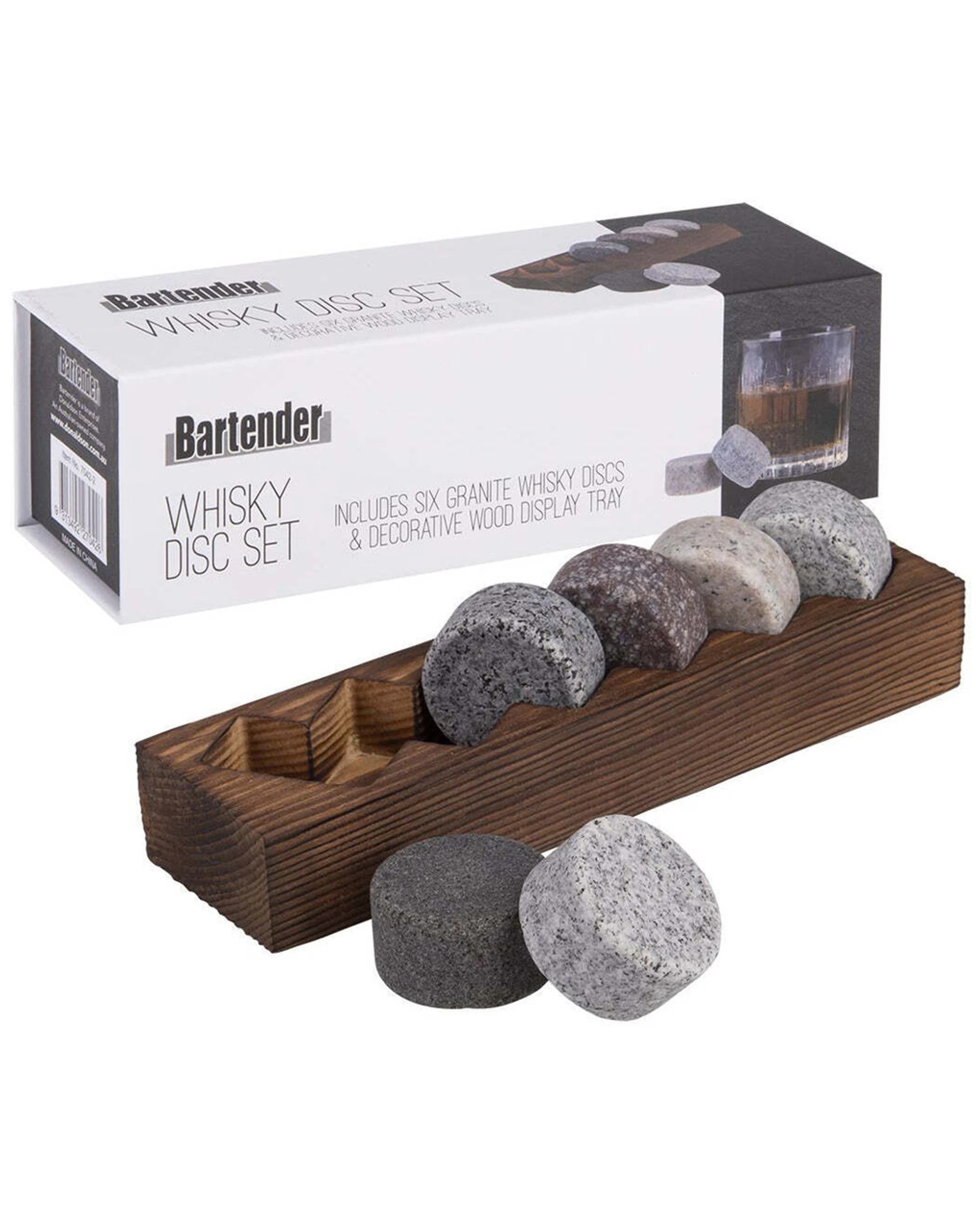 3 Bartender 6pc Reusable Granite Whisky Disc Set With Wooden Display Tray, 3 of 5