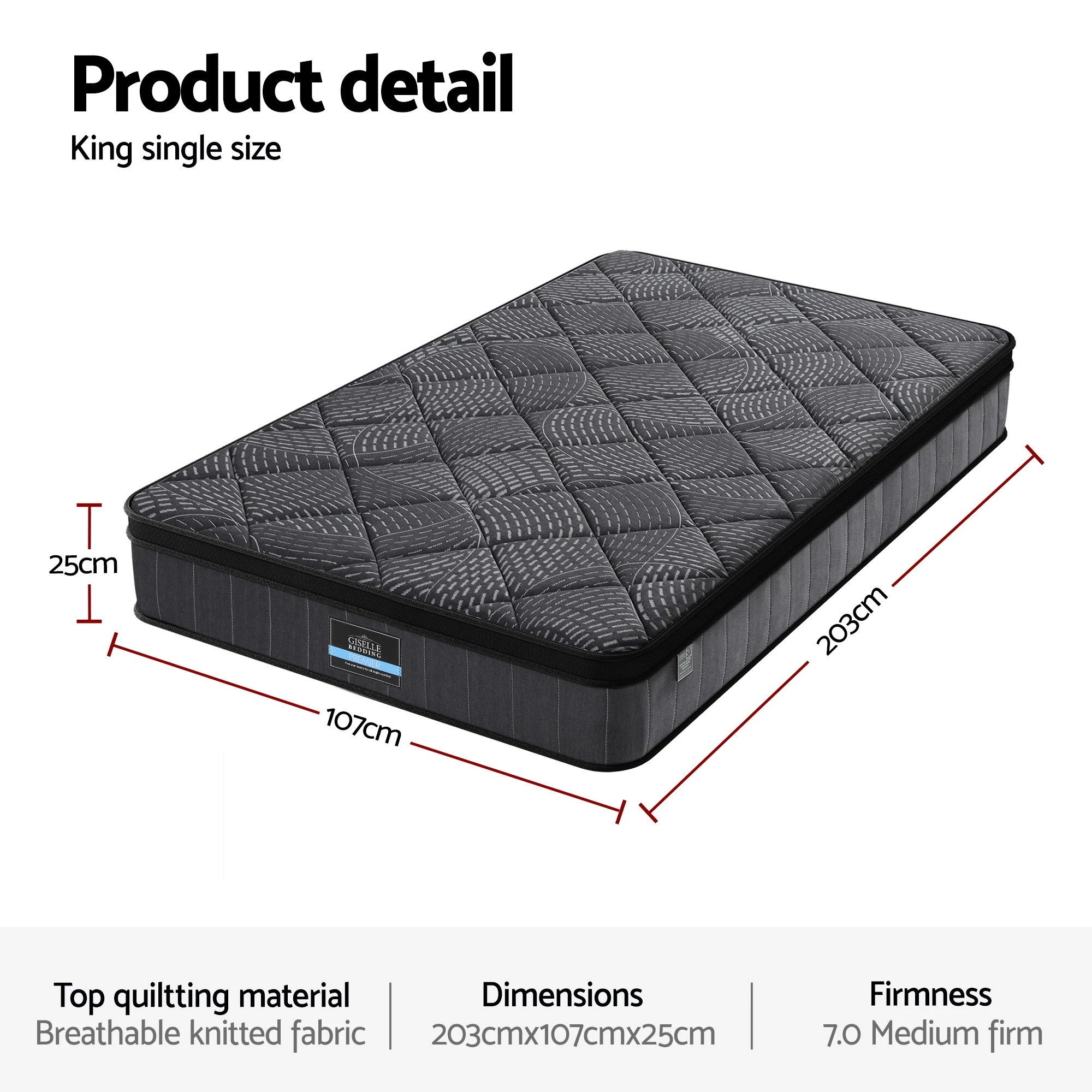 2 Giselle Bedding King Single Mattress 25cm Pocket Spring Latex Euro Top Medium - King Single Bed - Black, 2 of 3