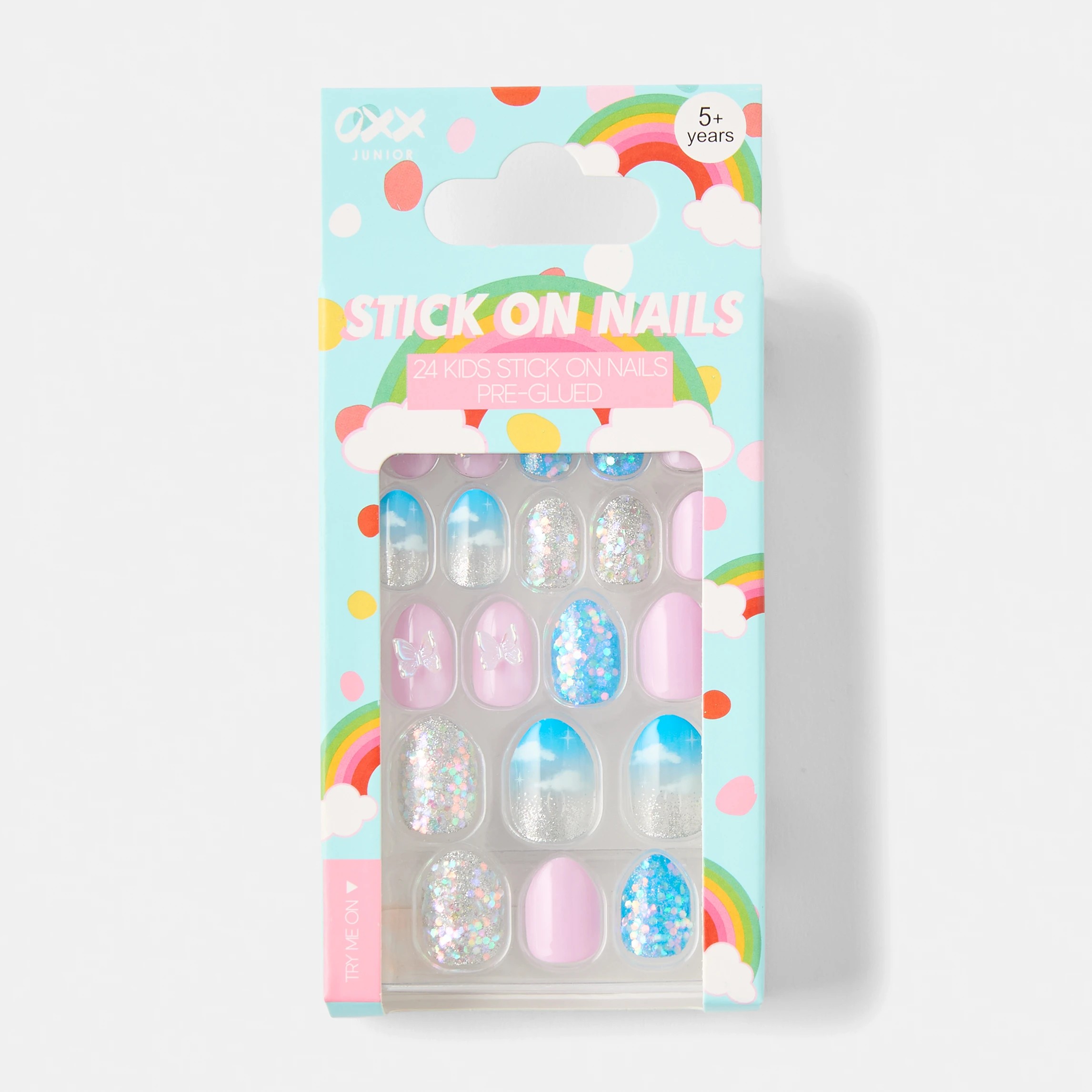 1 OXX Junior 24 Pack Kids Pre-Glued Stick-On Nails - Chunky Glitter and 3D Butterfly, 1 of 4