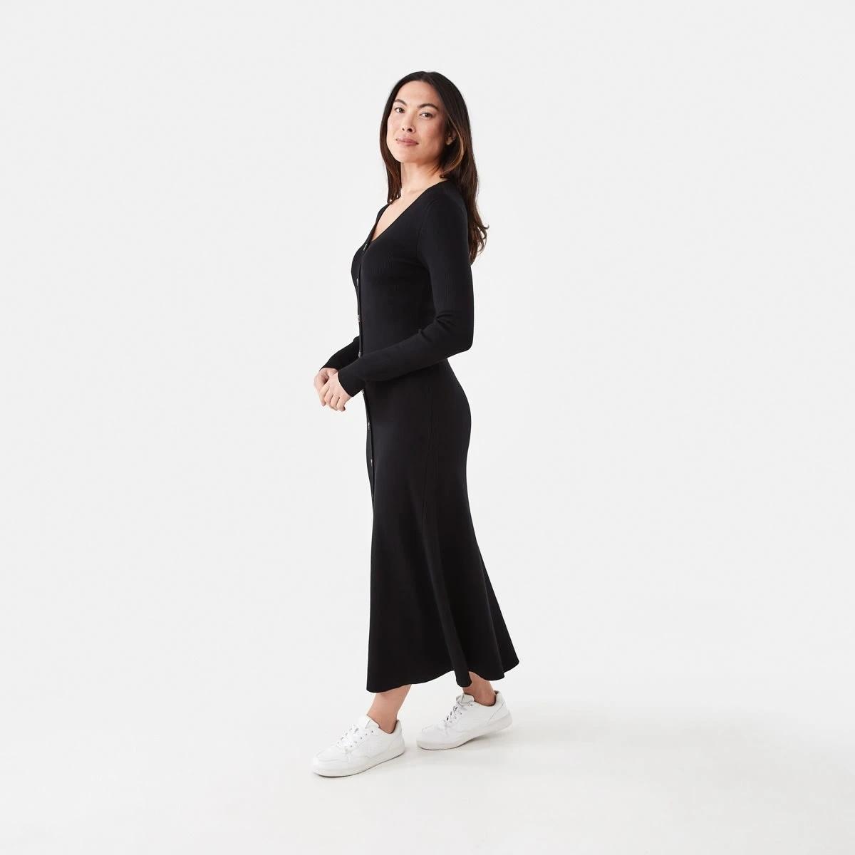 2 Long Sleeve Button Through Knit Maxi Dress Black, 2 of 6