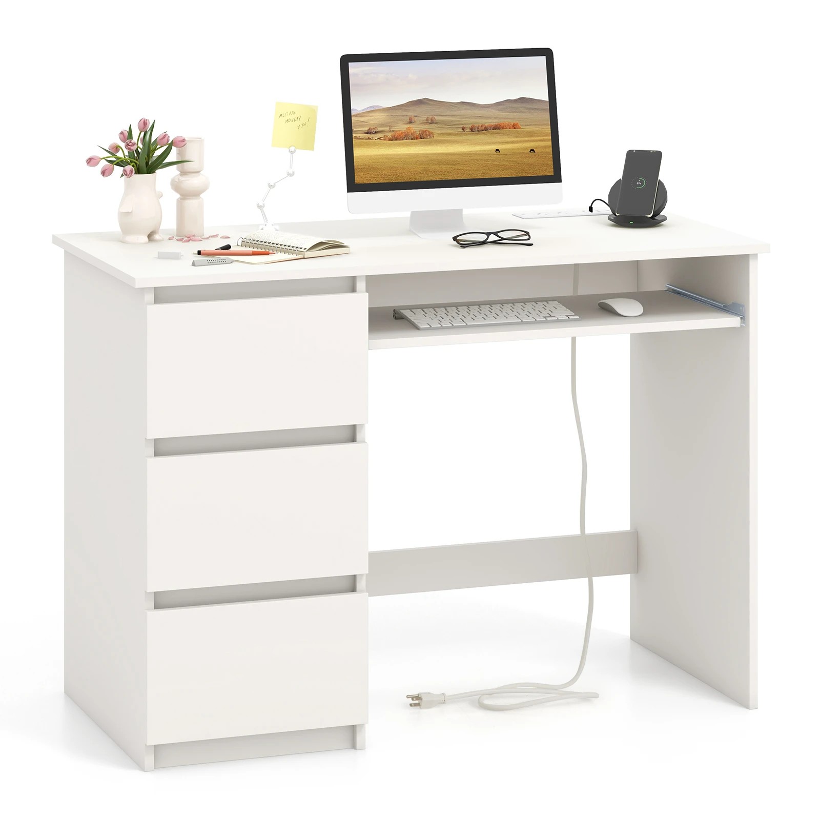 1 Costway 3 Drawers Computer Desk w/Power Outlet Home Office Workstation, 1 of 2
