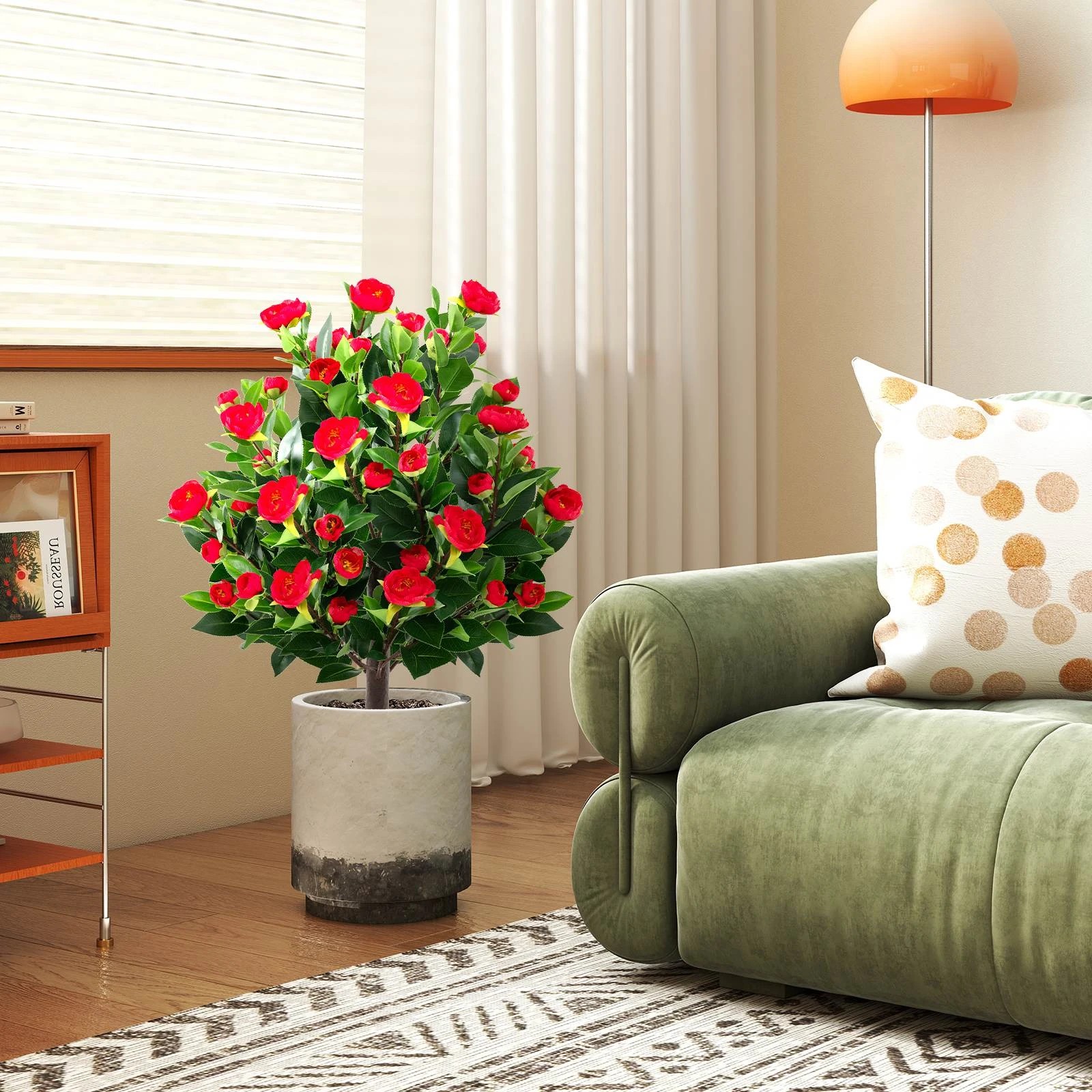 2 Costway Artificial Camellia Tree Set 2 Pack Fake Flower Tree Plants w/Ground Spikes, 2 of 2