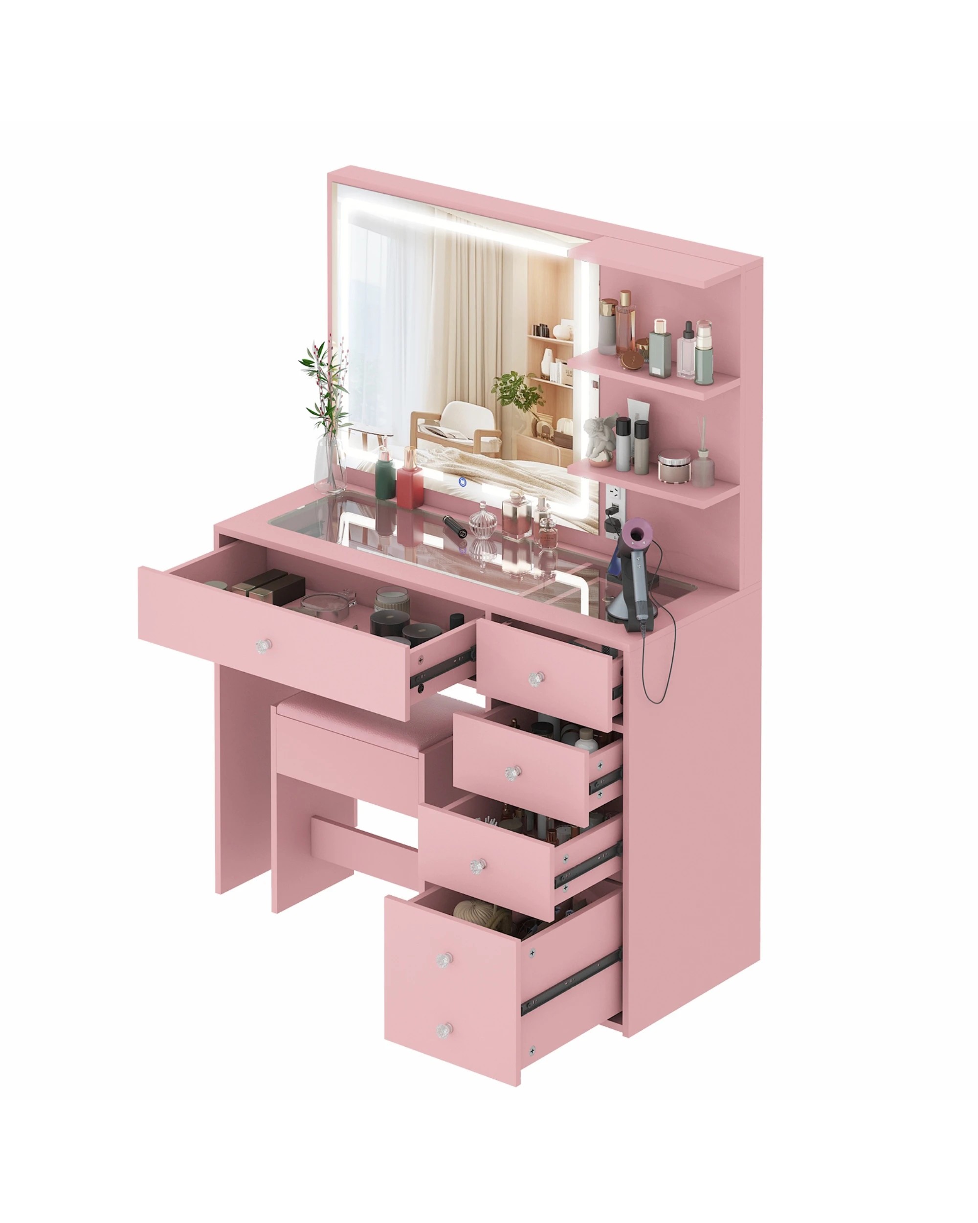 6 Advwin Dressing Table with LED Mirror 5 Drawers and Charging Station - Pink, 6 of 8