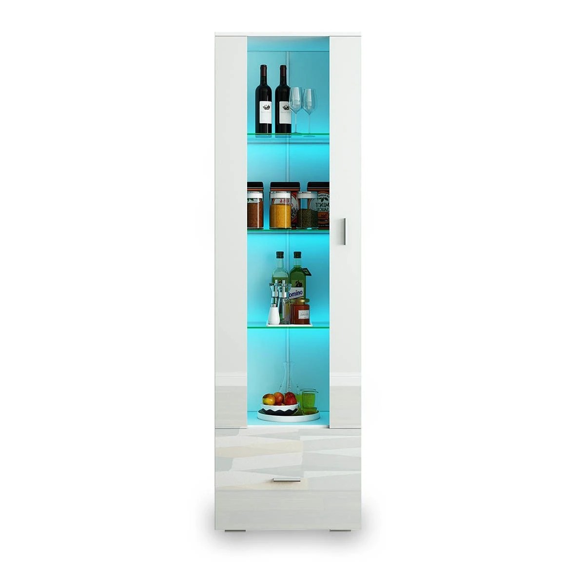 5 AUSWAY 190cm Wood Tall Side Cabinet with Thick Glass Shelves 1 Drawer High Gloss Front White, 5 of 7