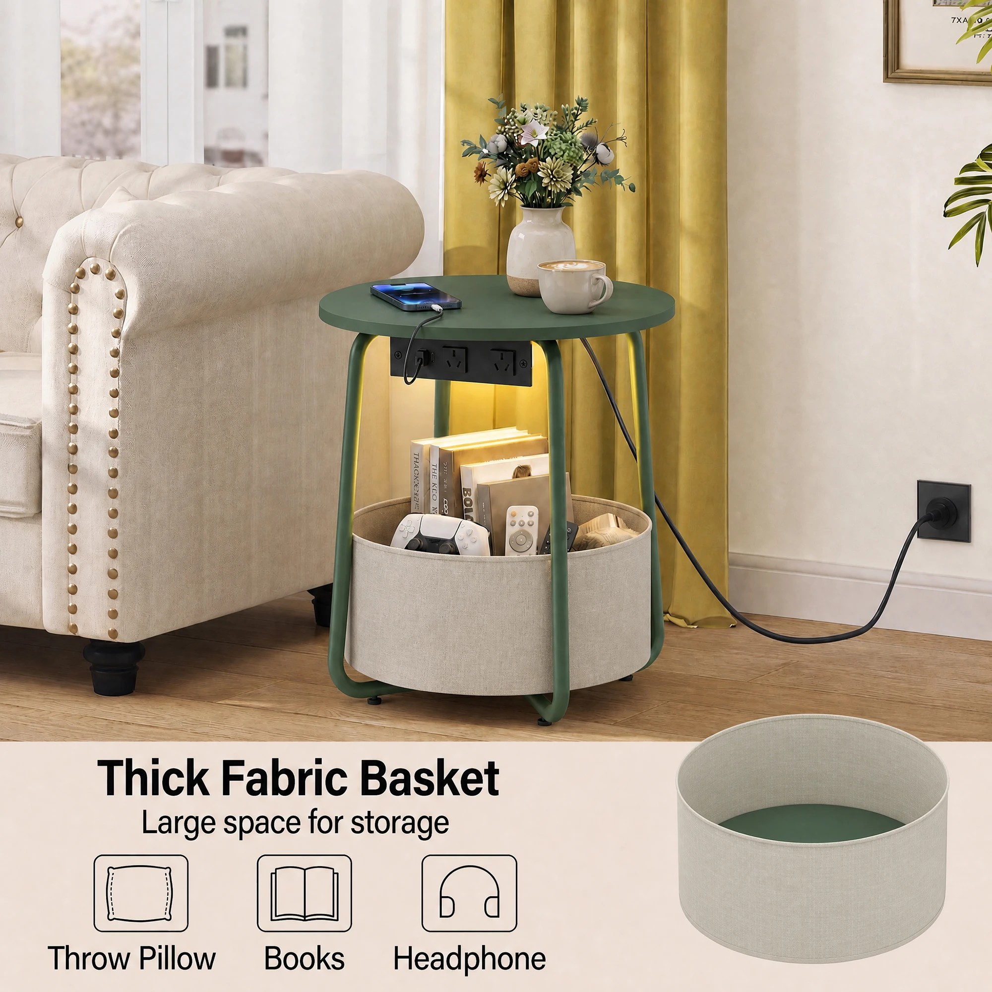7 Advwin Small Round Side Table with Charging Station Nightstand with Fabric Basket - Green, 7 of 8