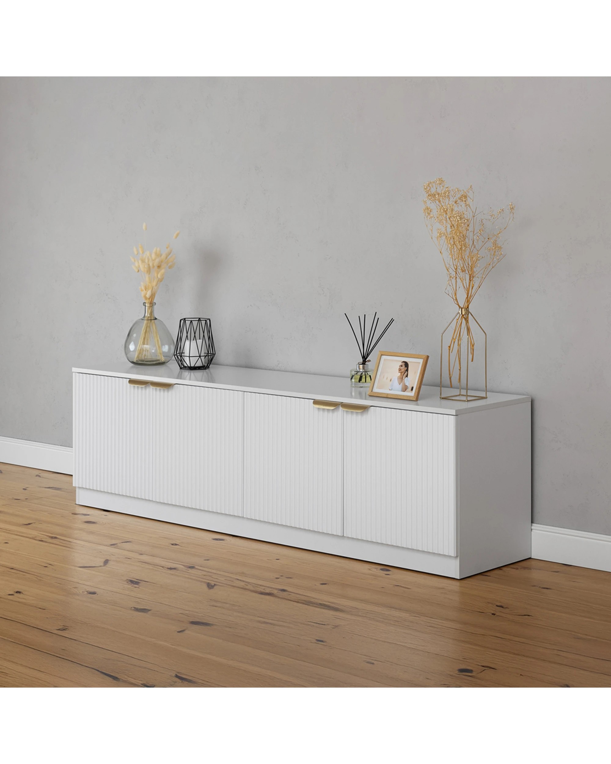 3 European Cabinetry Bucharest Fluted Panel TV Unit Brass Pull Handle - White, 3 of 4