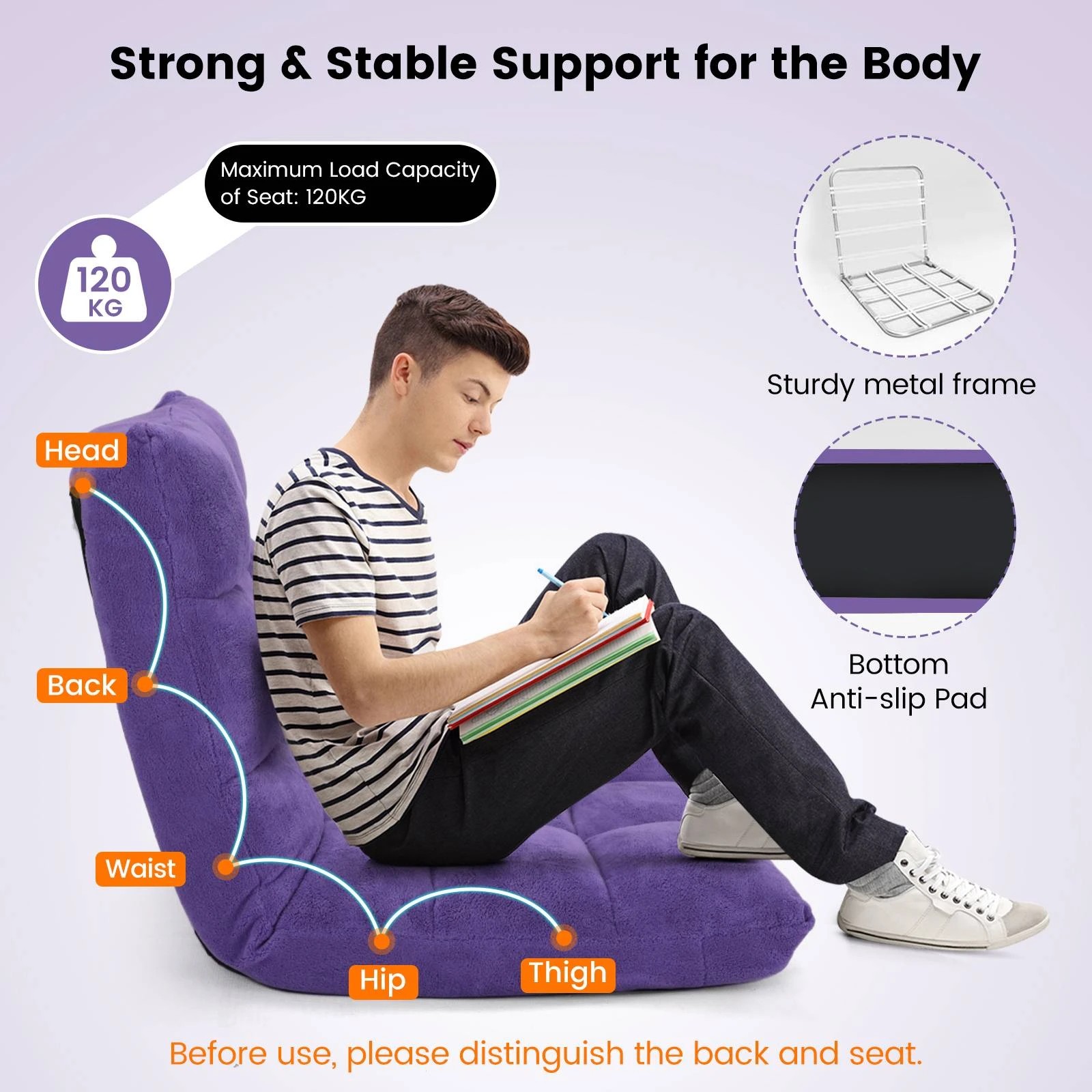 5 Costway Adjustable Floor Chair Lazy Sofa Velvet Lounge Recliner - Purple, 5 of 8