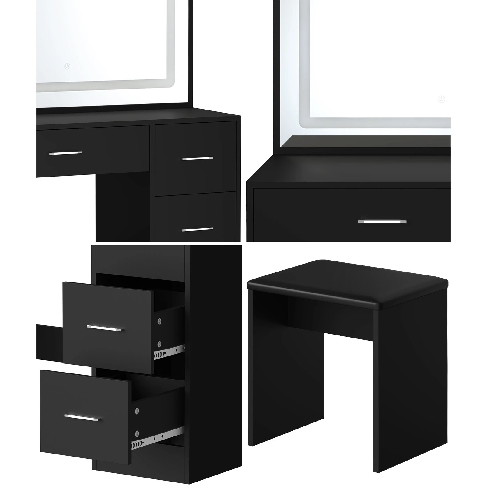 4 Oikiture Dressing Table Stool Set Large Makeup Mirror Led Light Vanity
 - Black, 4 of 9