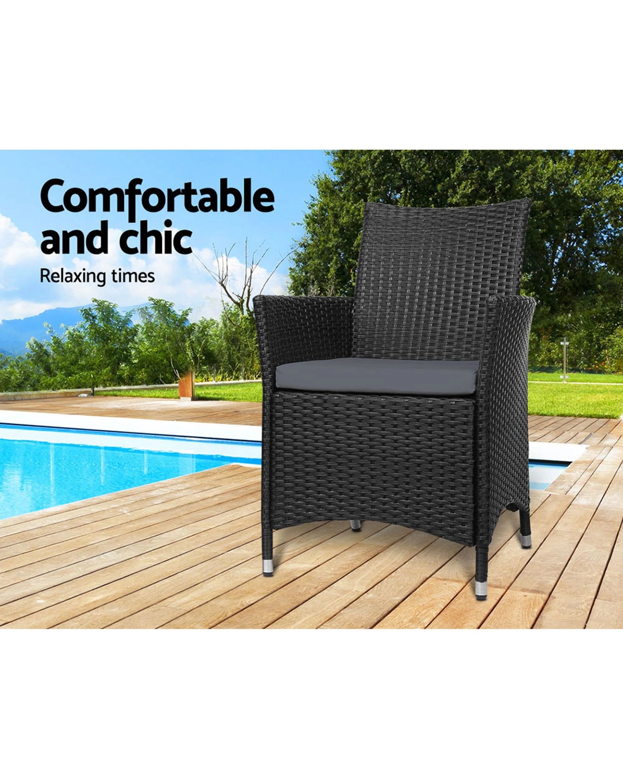 3 Gardeon Outdoor Dining Chairs Patio Furniture Wicker Garden Cushion Idris 2pc Durable Space Saving Modern Decor - Black, 3 of 8