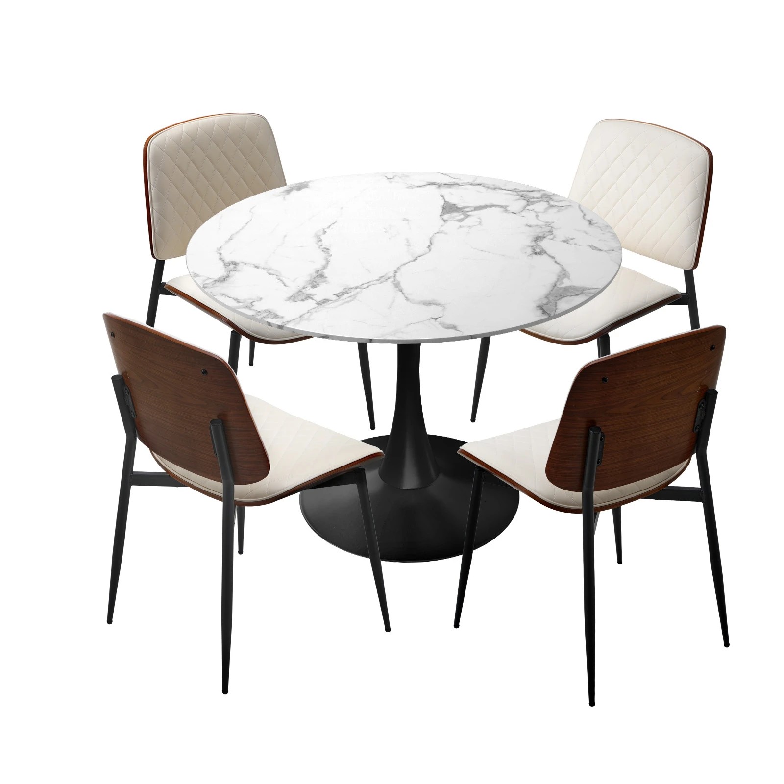 1 Oikiture Dining Table Set 90cm Round Dining Table and Chairs PU Leather -White&Black, 1 of 9