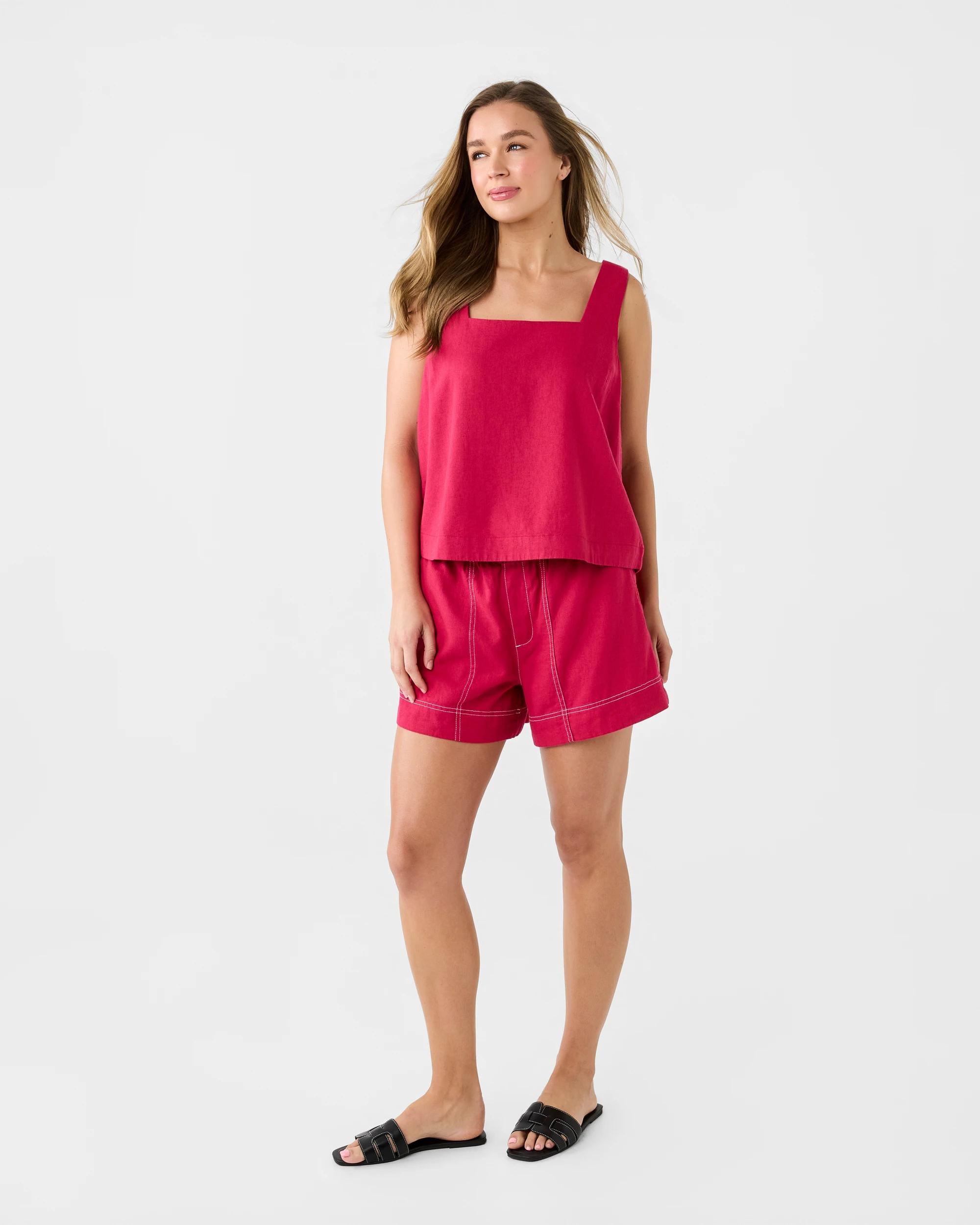 3 Sleeveless Linen Blend Square Neck Tank Dark Pink, 3 of 6