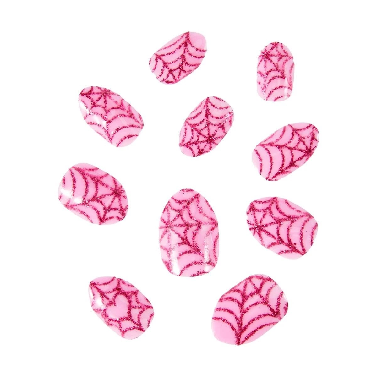 2 OXX Junior Halloween 24 Pack Kids Stick On Nails Pre-Glued - Glitter Webs, Pink, 2 of 4
