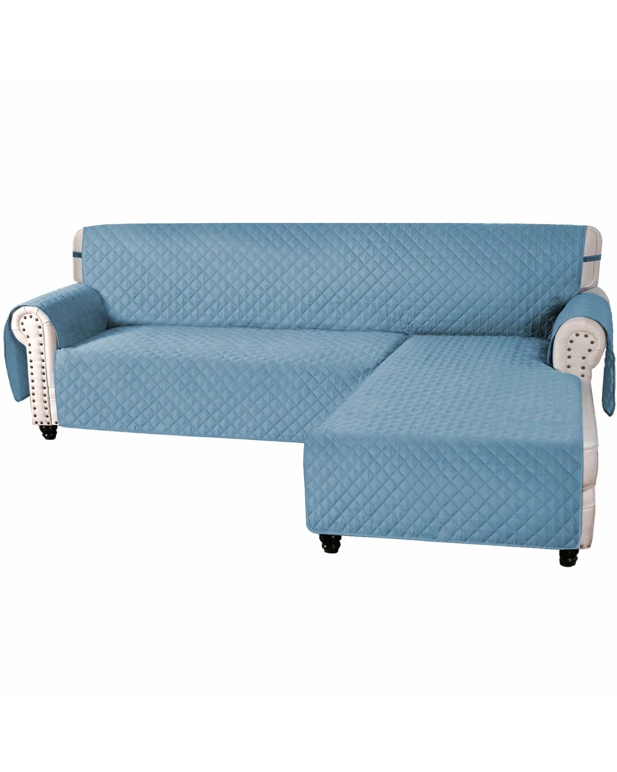 1 Smarcute 4 Seater and 1 Chaise Lounge L-shaped Reversible Slipcover - Blue, 1 of 5