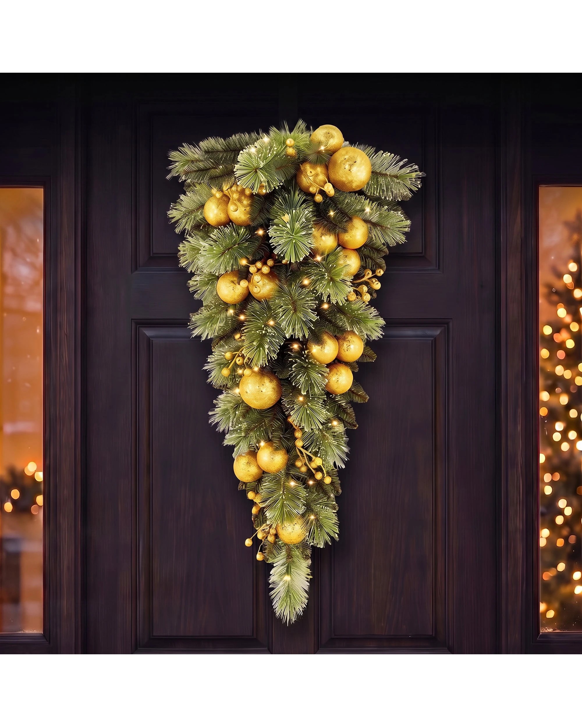 2 Christabelle 90cm Gold Christmas Teardrop Wreath Pre Lit Warm White LED Timer Baubles Berries Front Door Xmas Decoration, 2 of 10