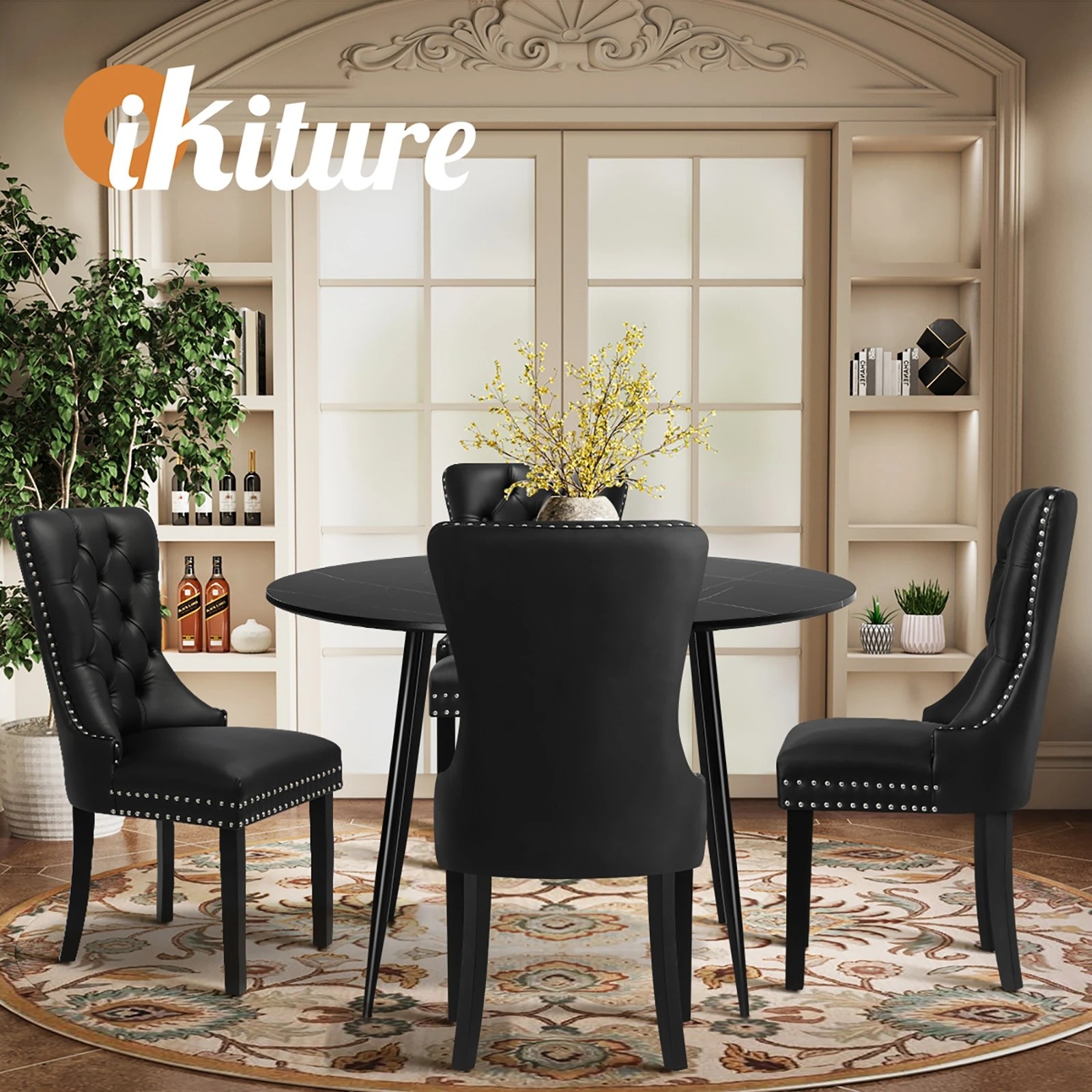 6 Oikiture 110cm Round Dining Table With 4pcs Dining Chairs Pu Leather
 - Black, 6 of 10