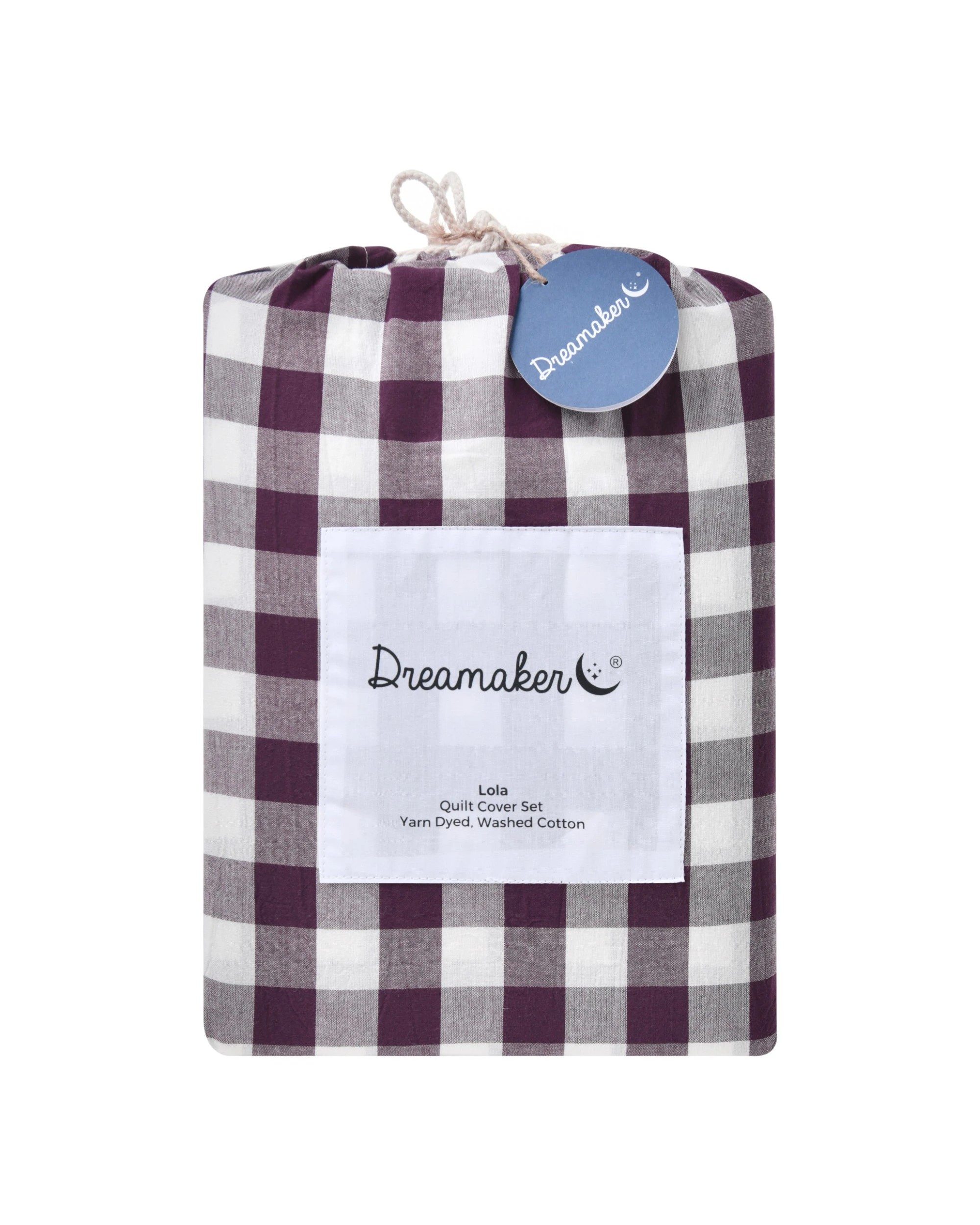 6 Dreamaker Lola Yarn Dyed Washed Cotton Gingham Quilt Cover Set - King Bed - Plum, 6 of 6