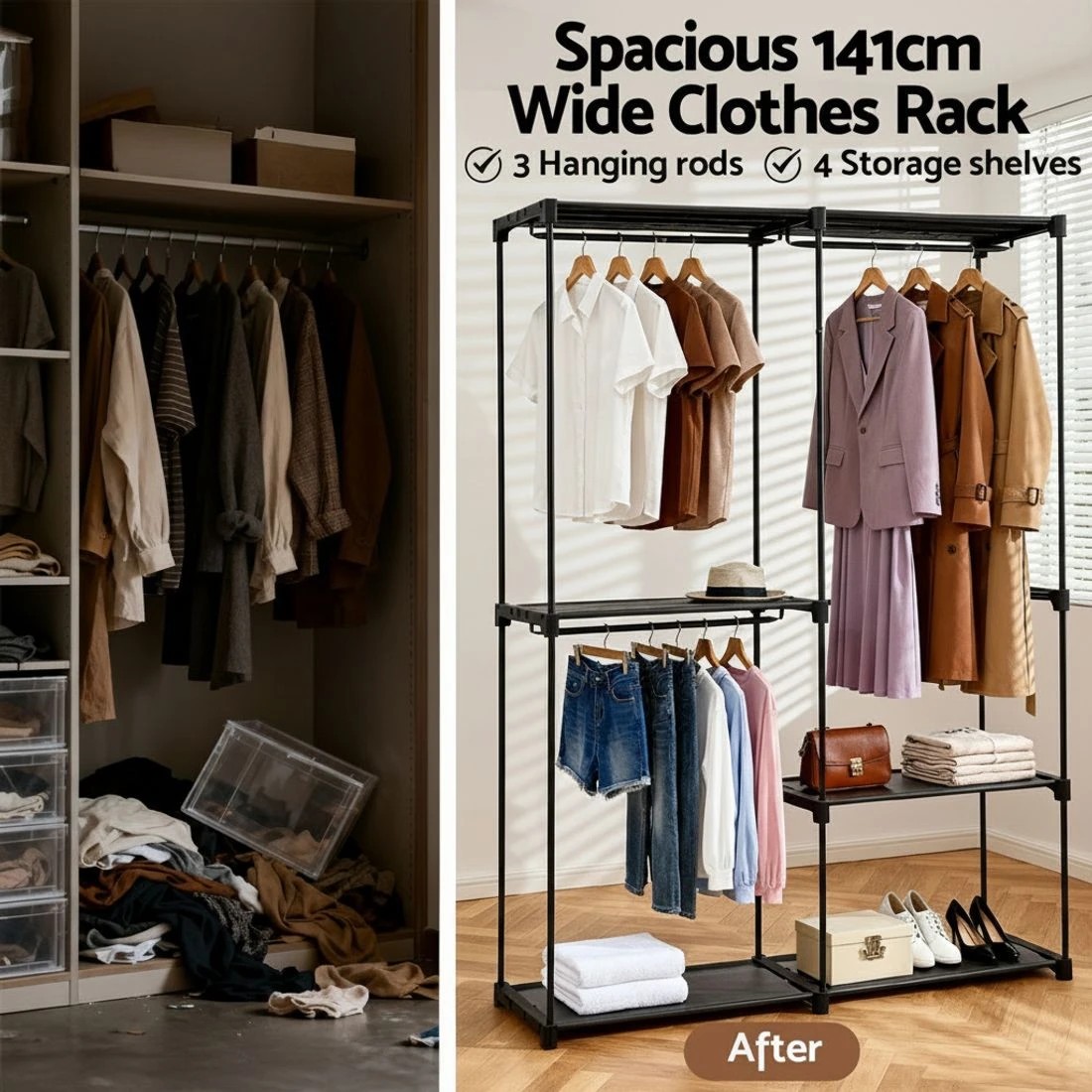 4 Artiss Wardrobe Clothes Rack Closet 181cm - Black, 4 of 6