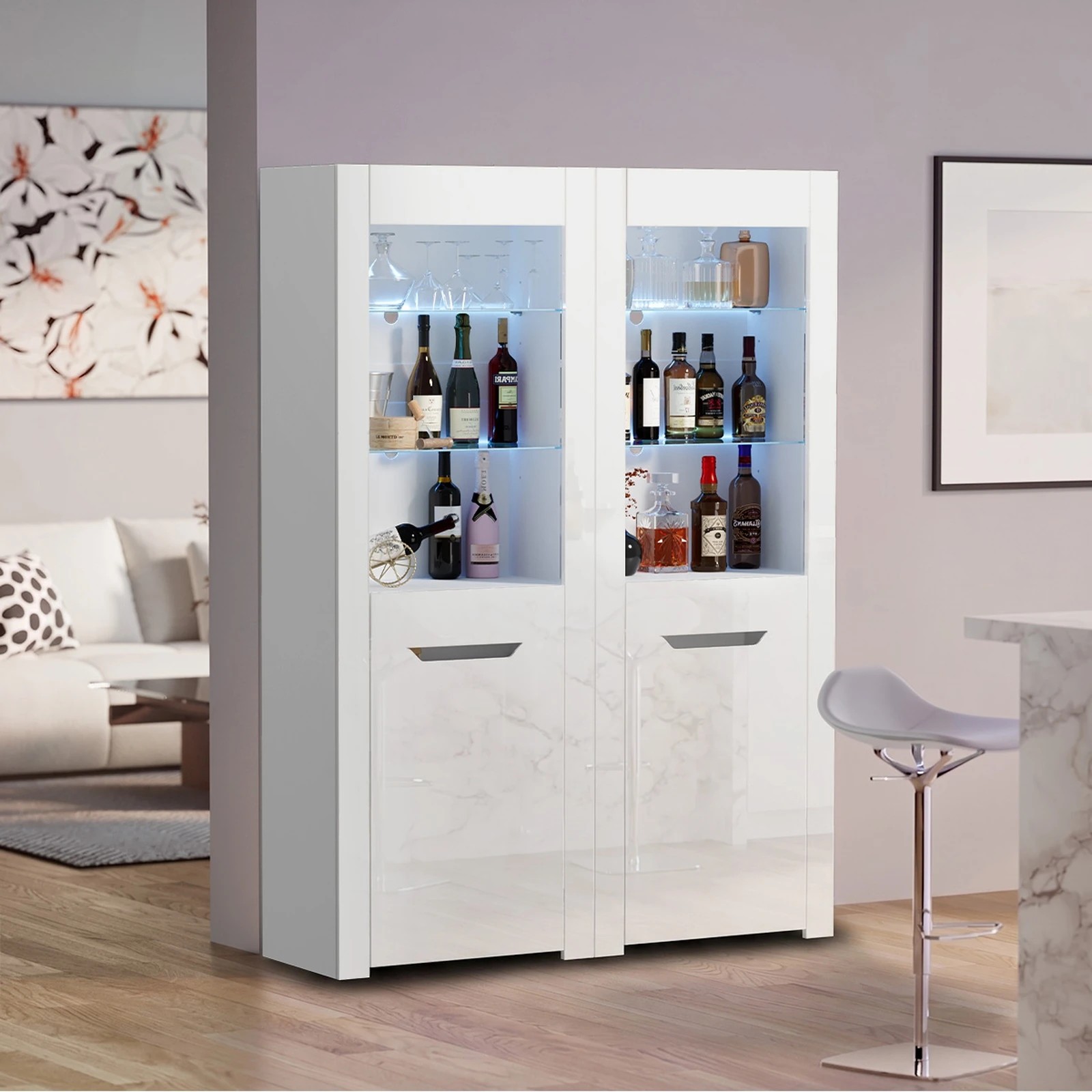 4 Oikiture 2x LED Display Cabinet Tall Sideboard Buffet Storage Cupboard - White, 4 of 8