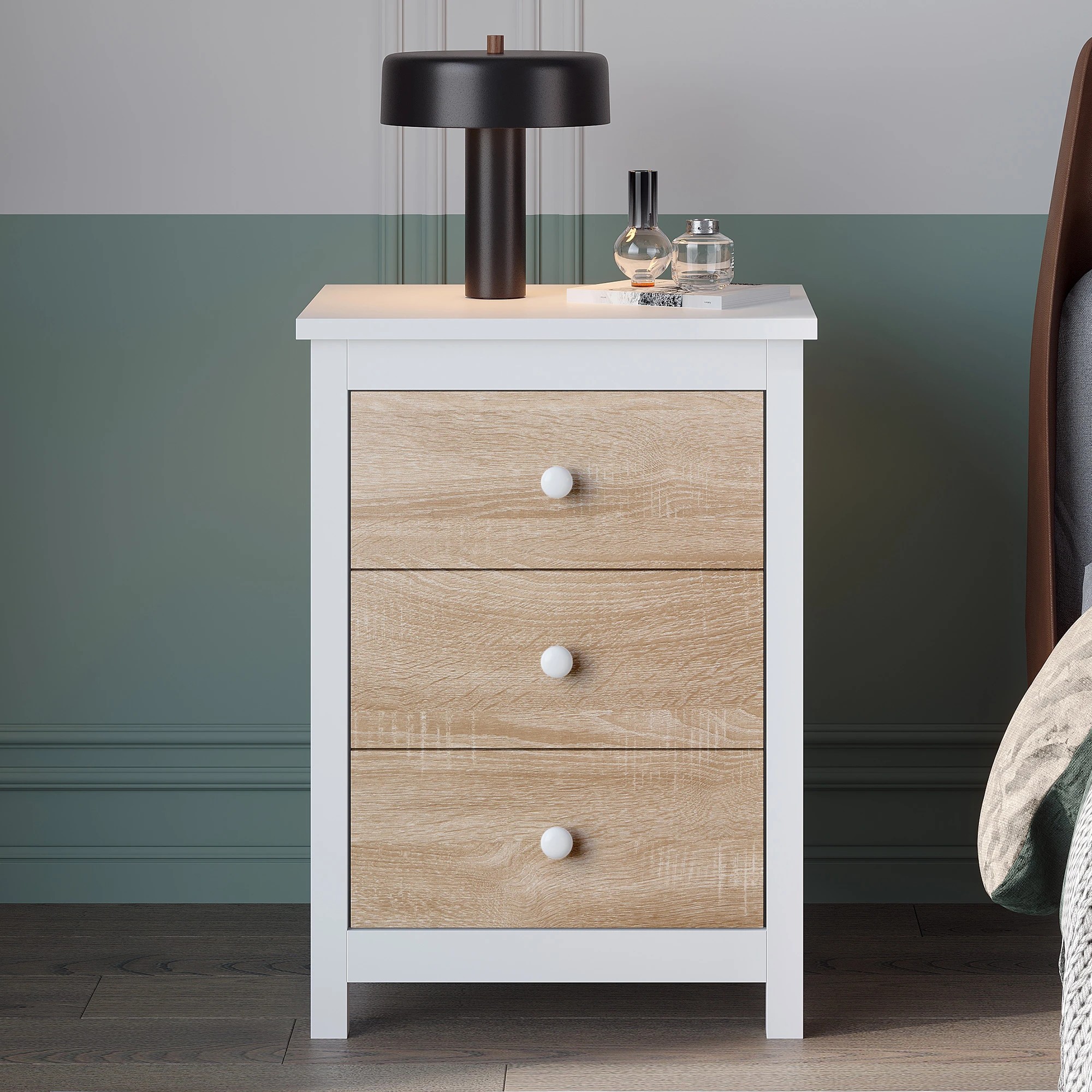 7 Alfordson Bedside Table Hamptons Nightstand Storage Side End 3 Drawers Oak, 7 of 10