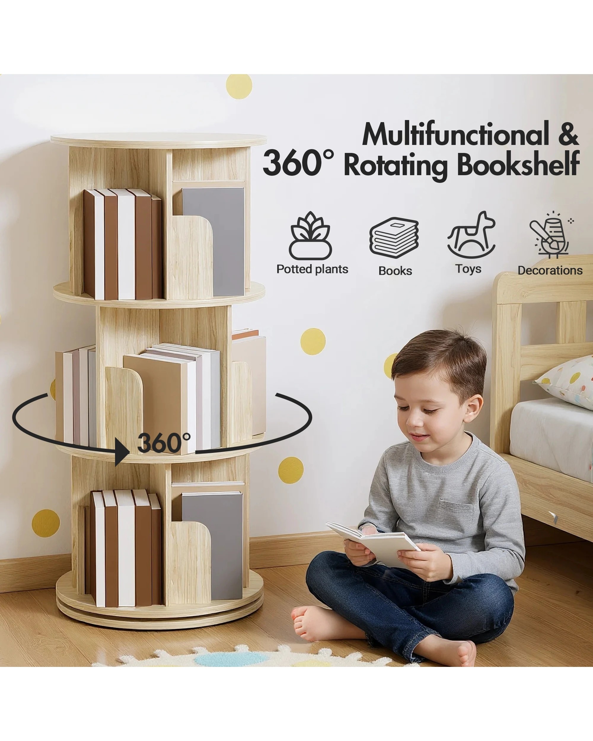 4 Advwin 3 Tiers Bookshelf Rotating Corner Bookcase Cabinet Revolving Display Stand Rack Oak, 4 of 8