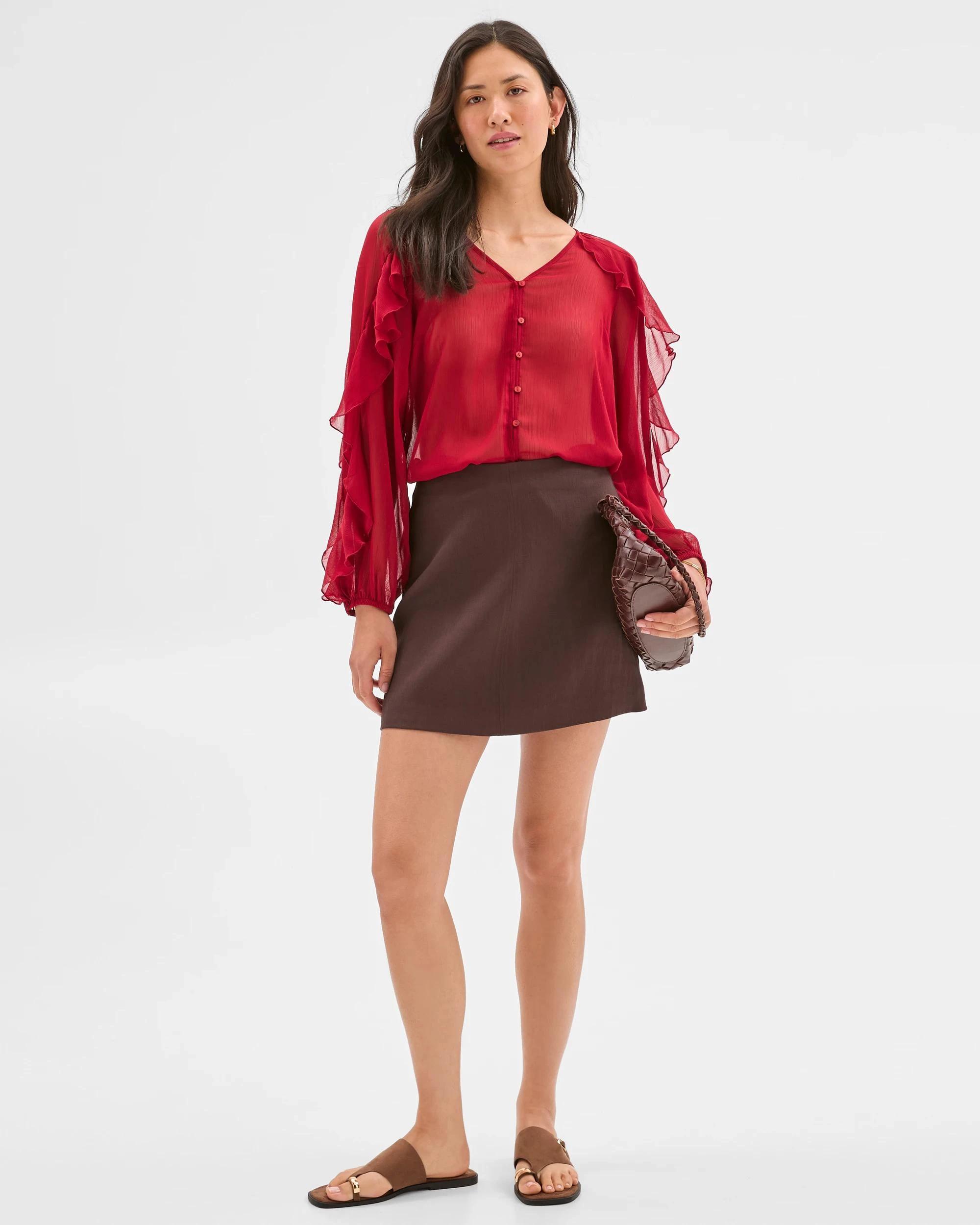 1 Long Sleeve Ruffle Detail Blouse - Preview CRIMSON, 1 of 7