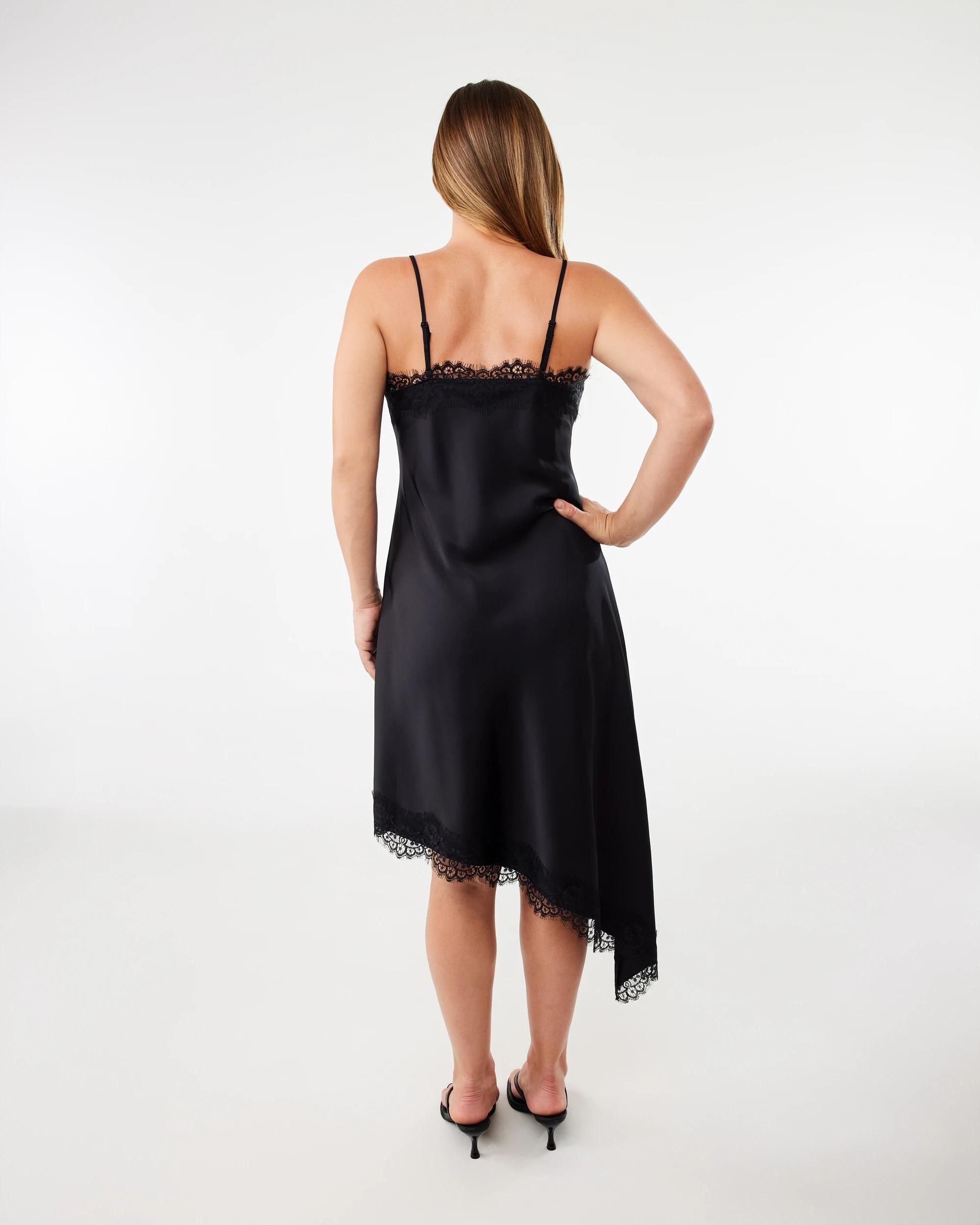 3 Sleeveless Satin Asymmetrical Lace Trim Midi Dress Black, 3 of 6