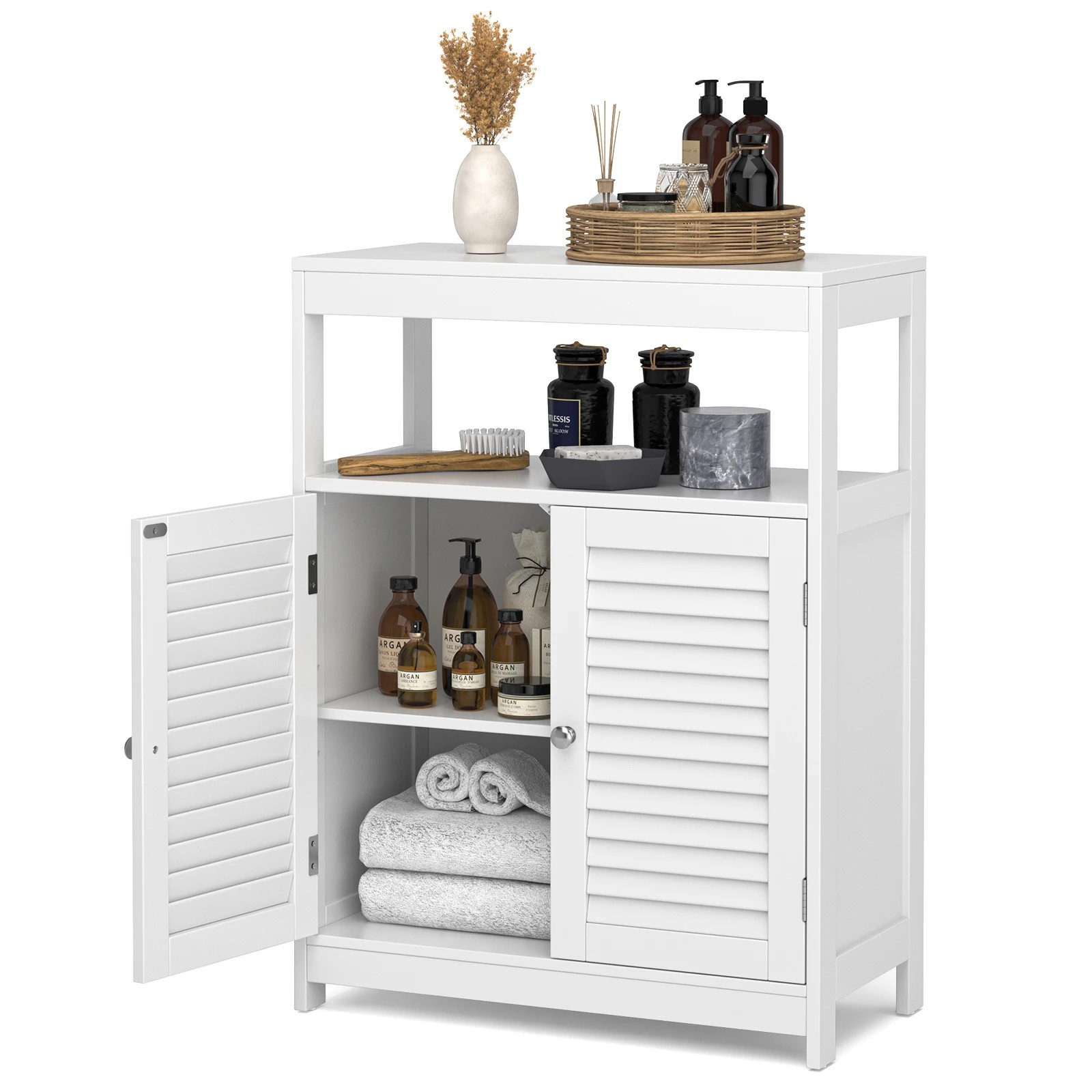 6 Costway Bathroom Storage Cabinet Floor Storage Cupboard w/2 Doors & Open Shelf - White, 6 of 7