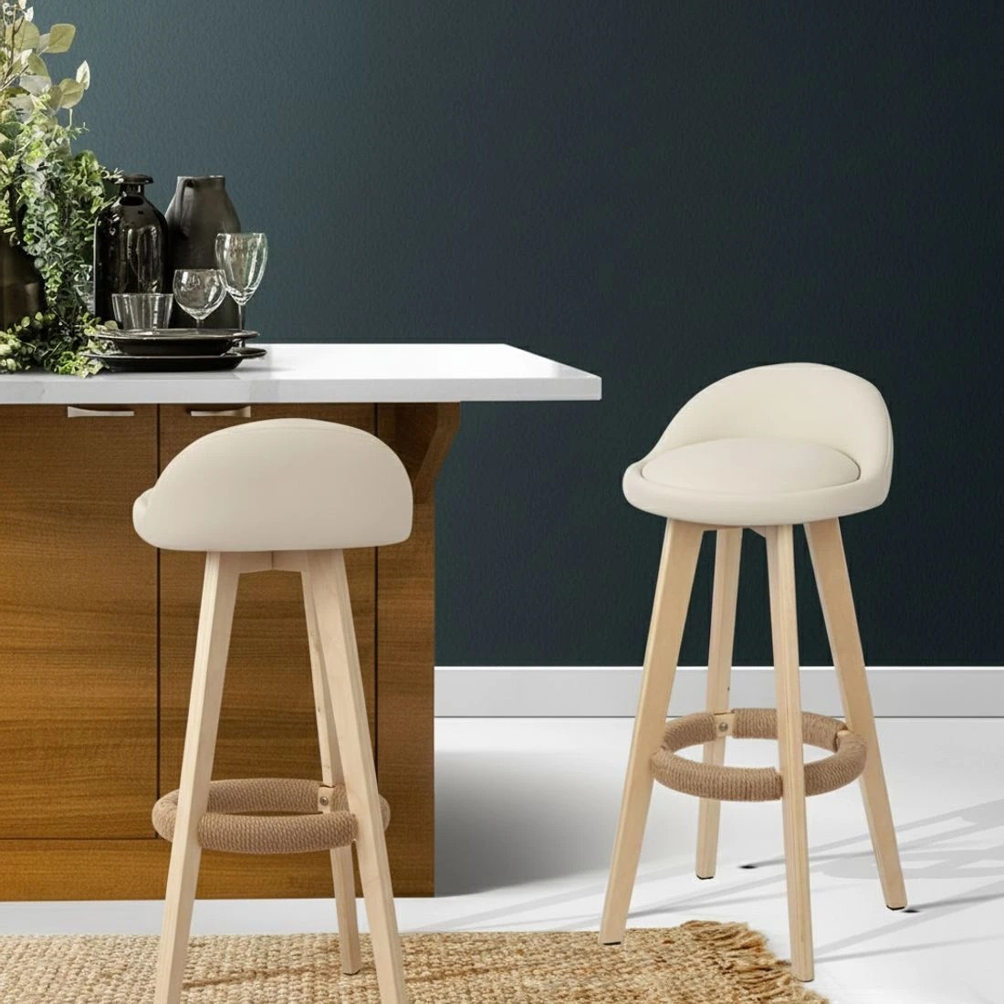 6 Artiss 2x Bar Stools Padded Leather Wooden - Beige, 6 of 8