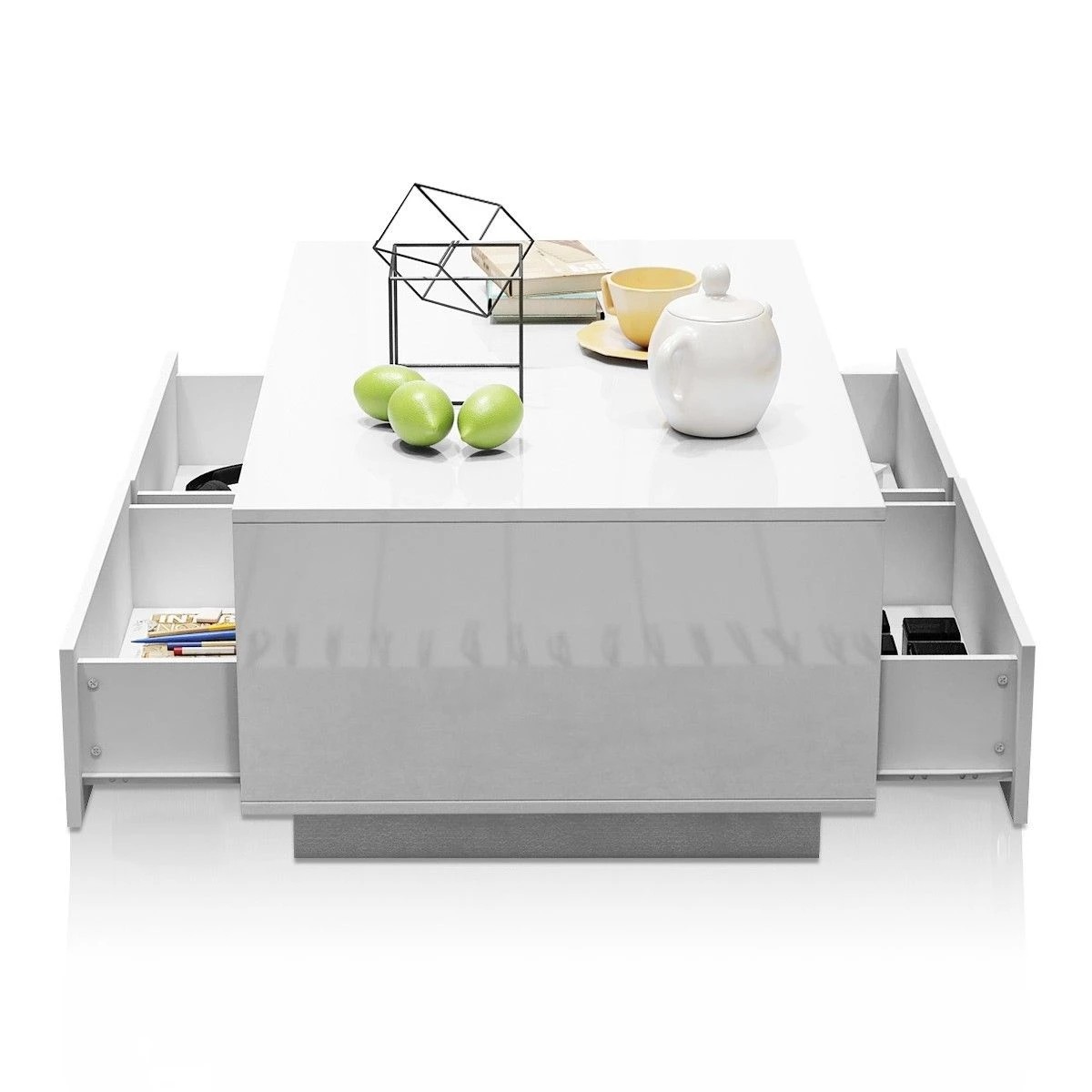 3 AUSWAY Contemporary High Gloss Coffee Table with 4 Drawers White, 3 of 5