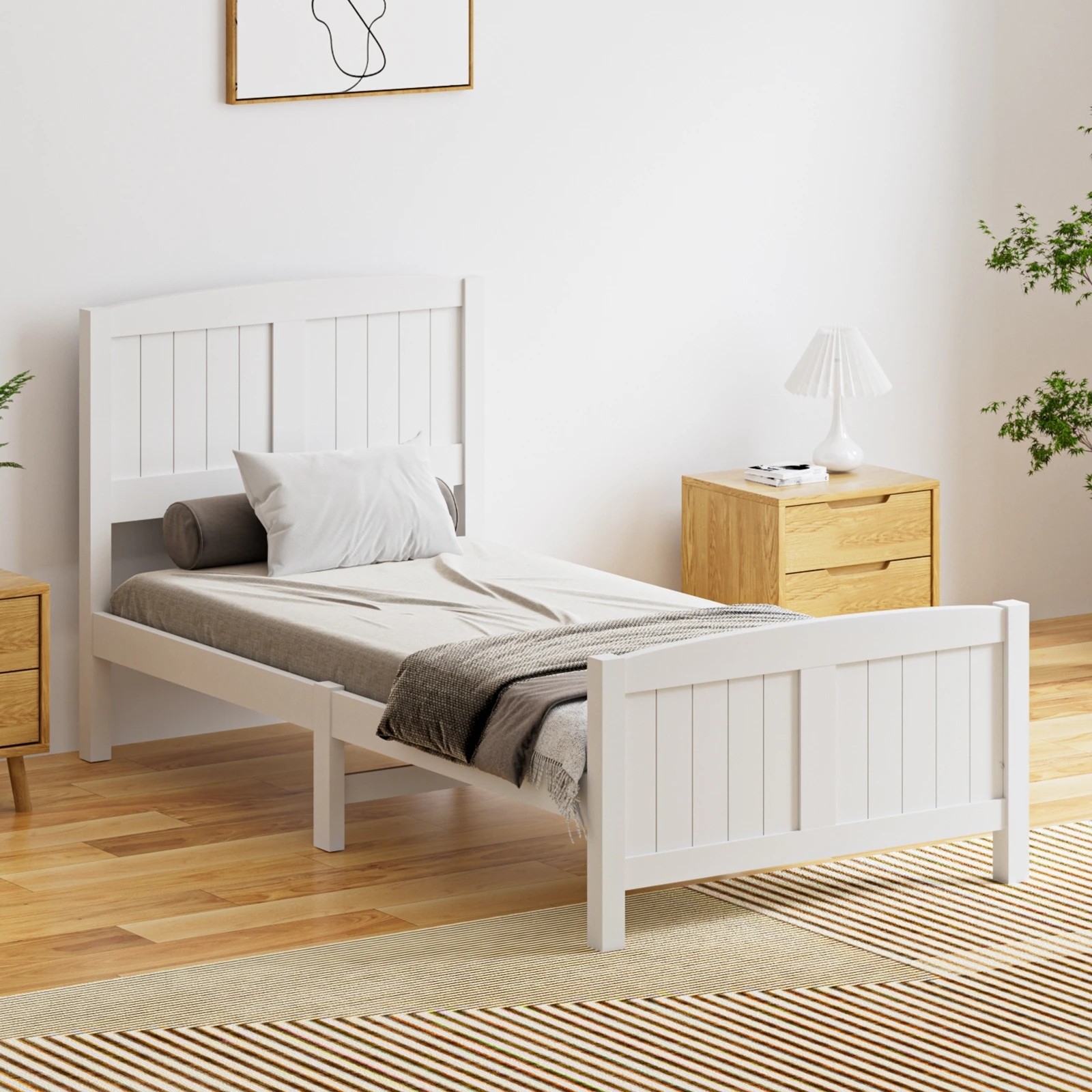 2 Oikiture Bed Frame Singe Size Wooden Base Timber Platform
 - White, 2 of 10