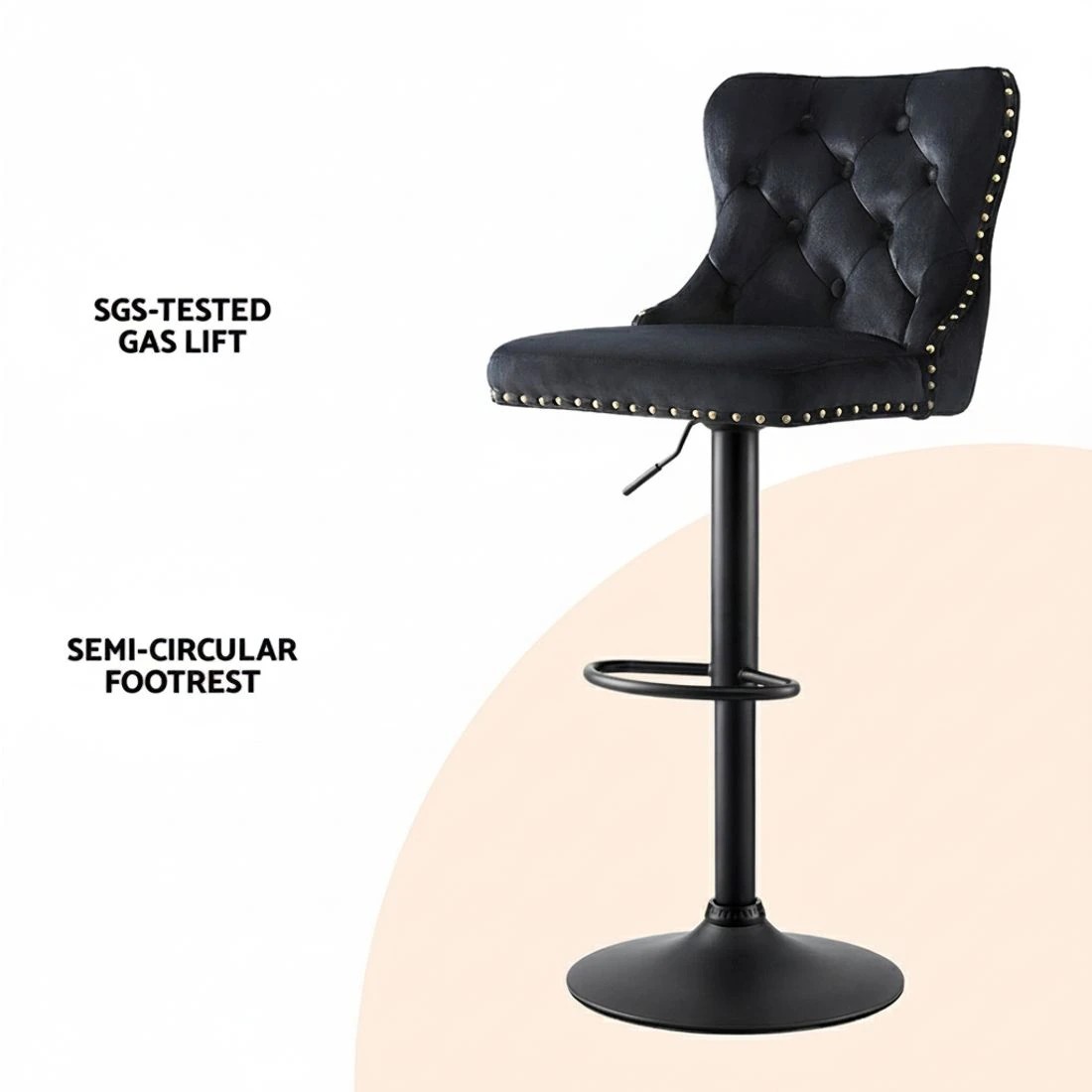 6 Artiss 4x Velvet Bar Stool Adjustable Height Nailhead Trim Kitchen Counter - Black, 6 of 6