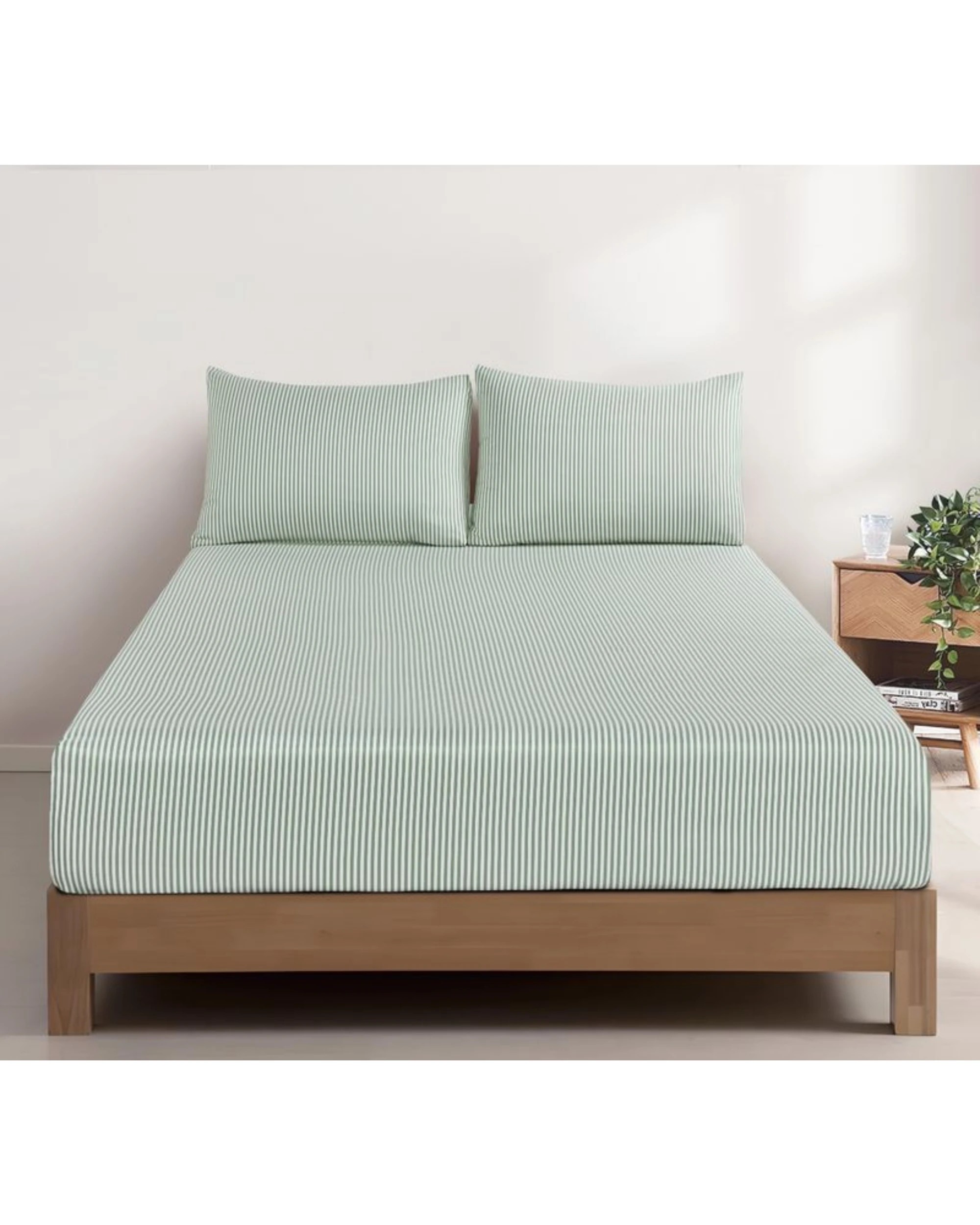 1 CleverPolly Yarn-Dyed Washed Microfibre Fitted Sheet Set - Single Bed - Thin Stripe Sage Green, 1 of 7