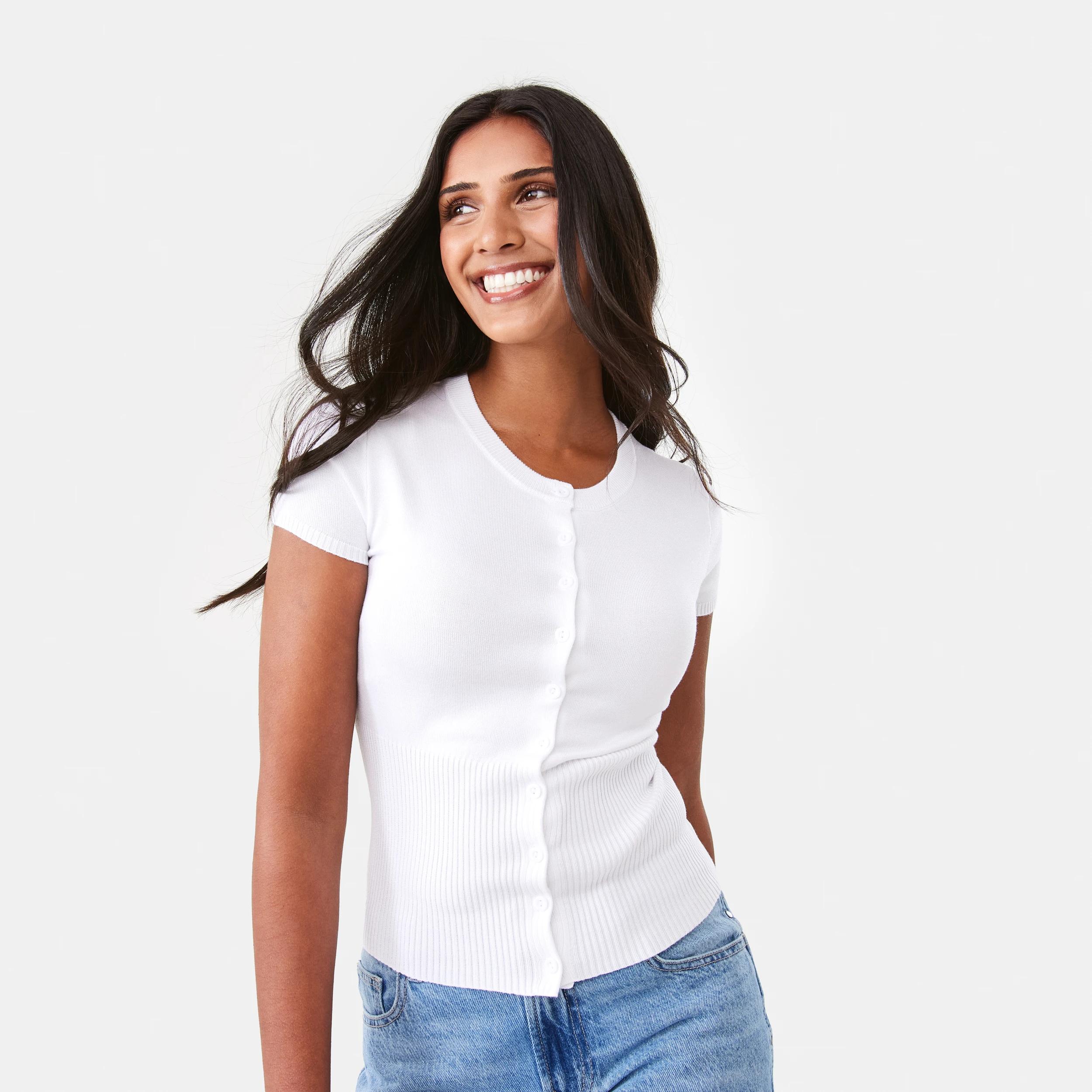 1 Short Sleeve Longline Button Up Top White, 1 of 7