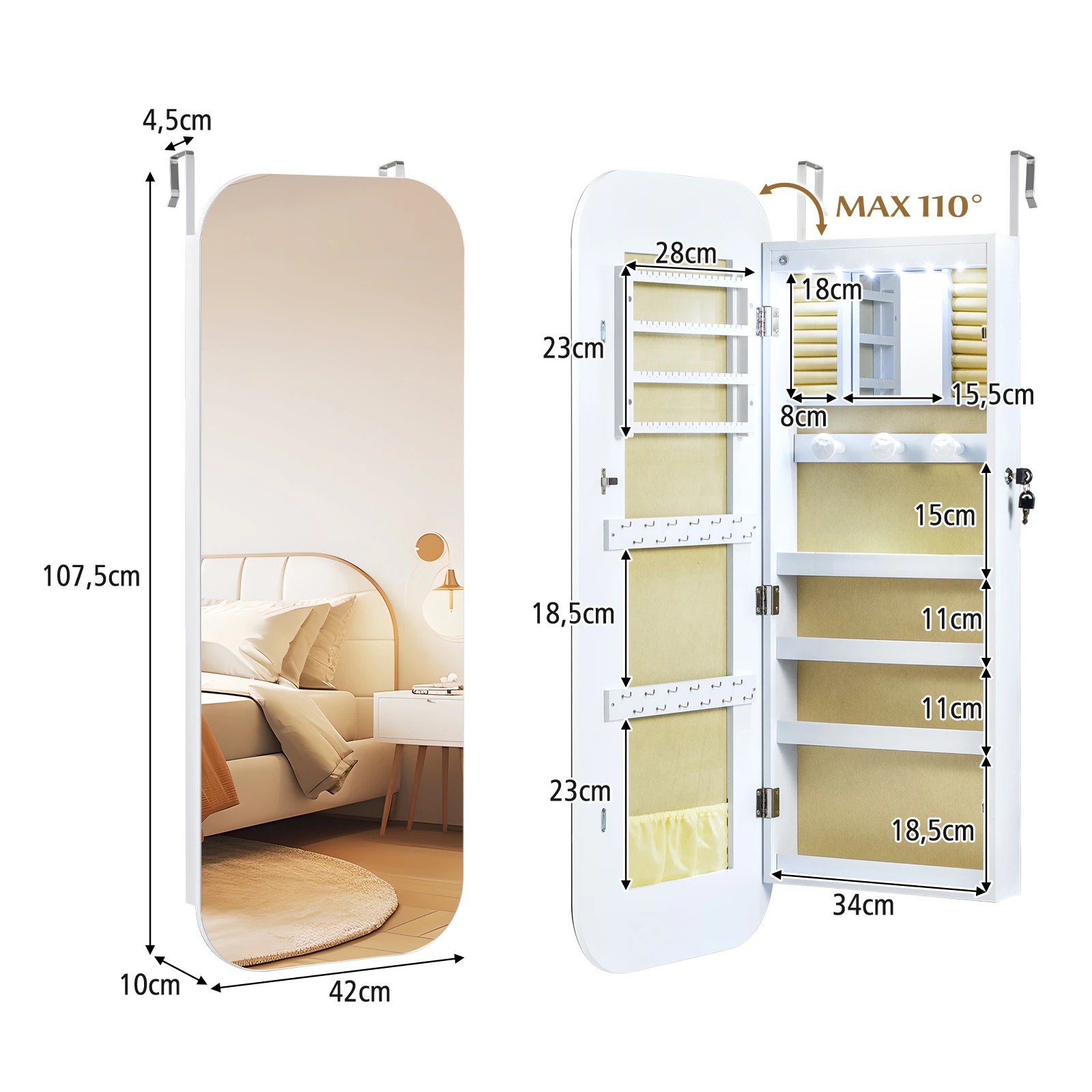 4 Costway 2 in 1 Jewellery Cabinet LED Makeup Storage Organiser w/Extra-wide Mirror Mounted Armoire - White, 4 of 4