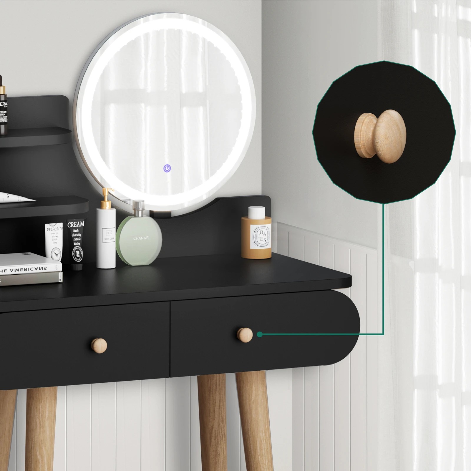 3 Alfordson Dressing Table Stool Set Makeup Mirror Vanity LED Light - Black, 3 of 10