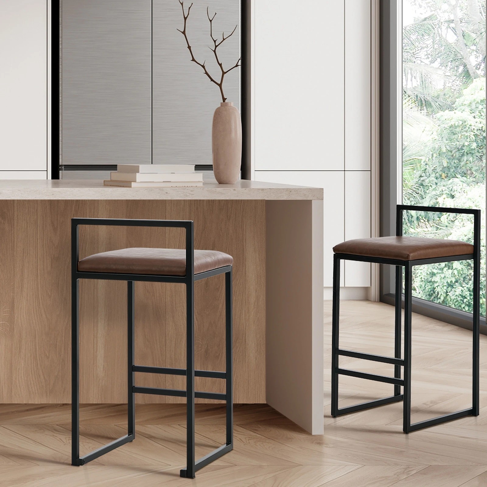 4 Oikiture 2x Bar Stools Kitchen Dining Stool Counter High Chair Leather - Brown, 4 of 10
