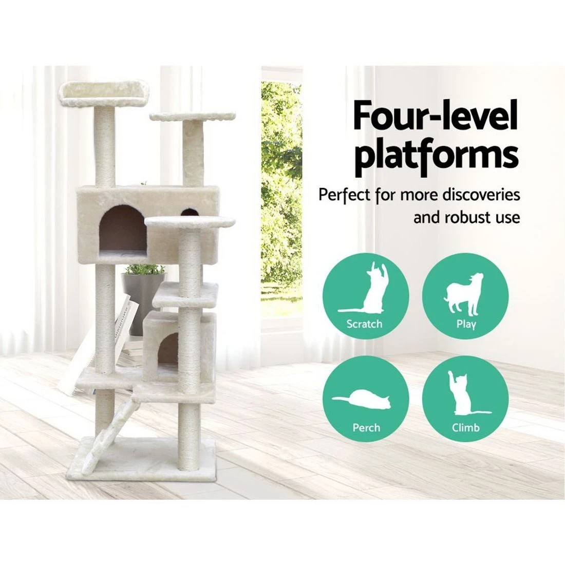 4 i.Pet Cat Tree 134cm Tower Scratching Post Scratcher Wood Condo House Bed - Beige, 4 of 6