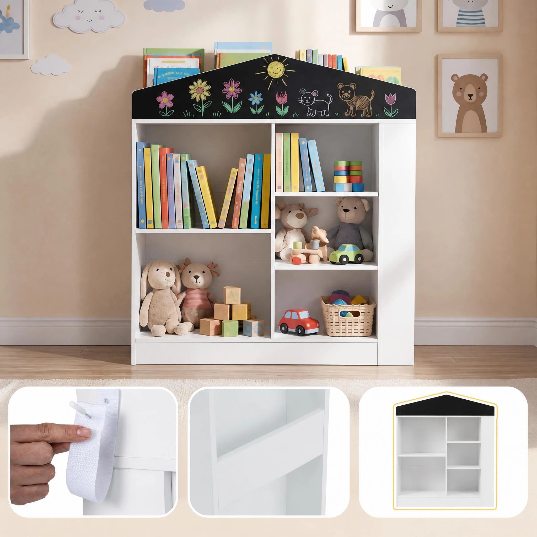 2 Costway Toy Storage Organizer Cabinet Box House Shape Bookcase Wooden Bookshelf - White, 2 of 7