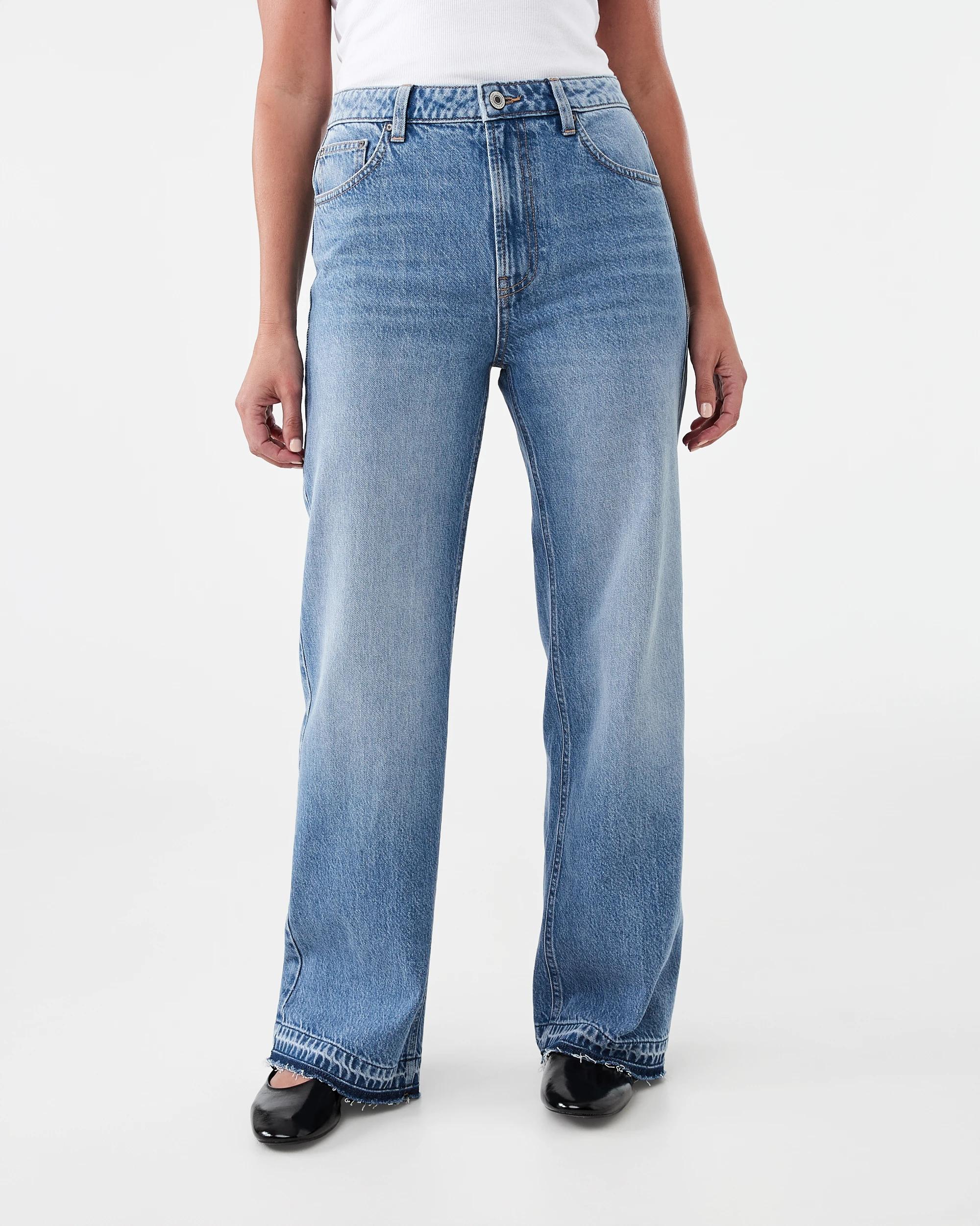 1 Straight Leg Undone Hem Jeans Mid Wash, 1 of 7