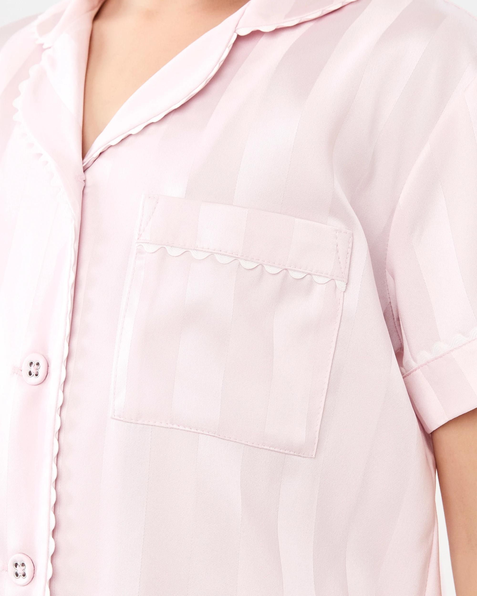 7 Short Sleeve Satin Pyjama and Scrunchie Set Bllet Pink, 7 of 10