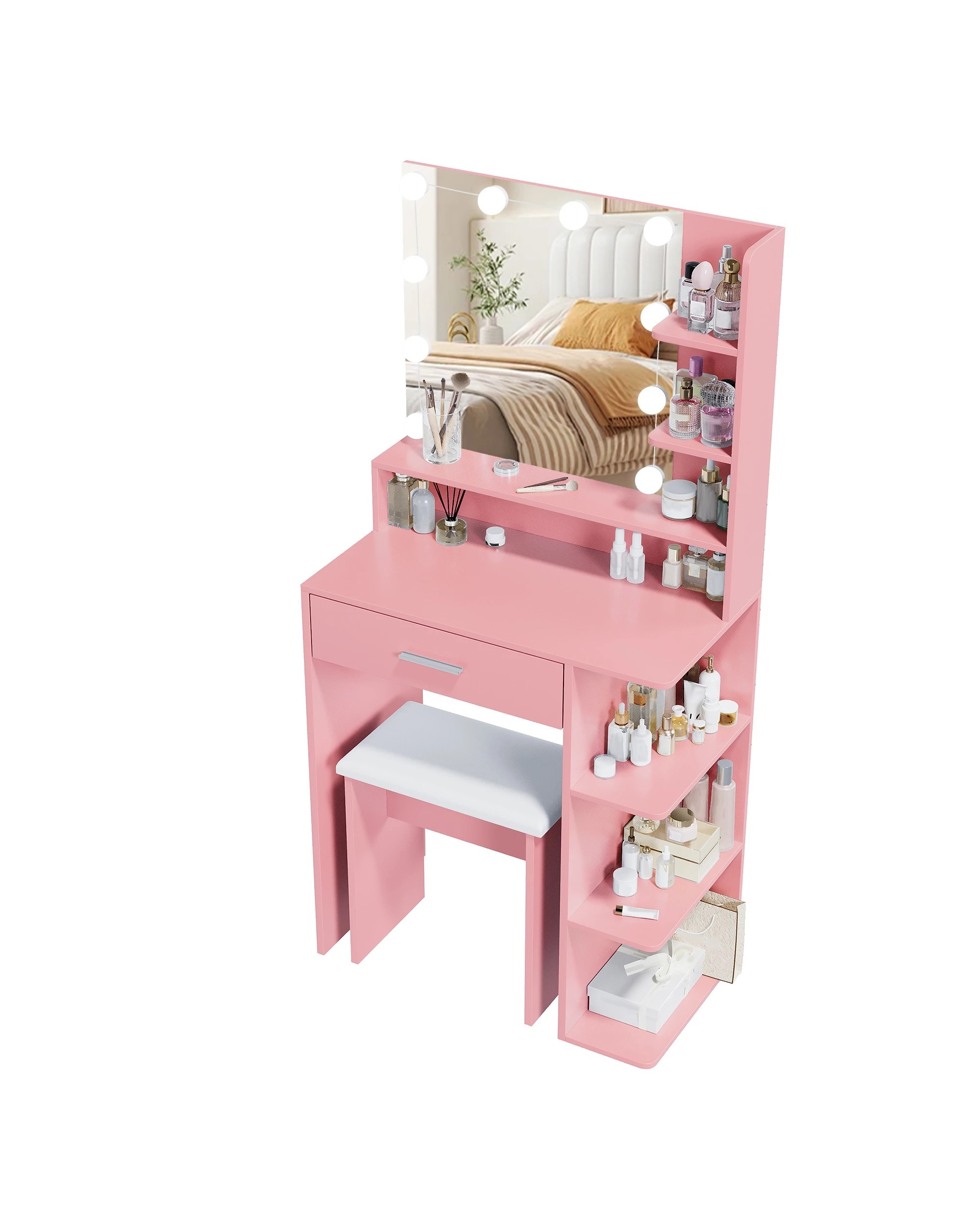 5 Advwin Dressing Table Stool Set LED Light Charging Station Glass Cabinet Tabletop - Pink, 5 of 9