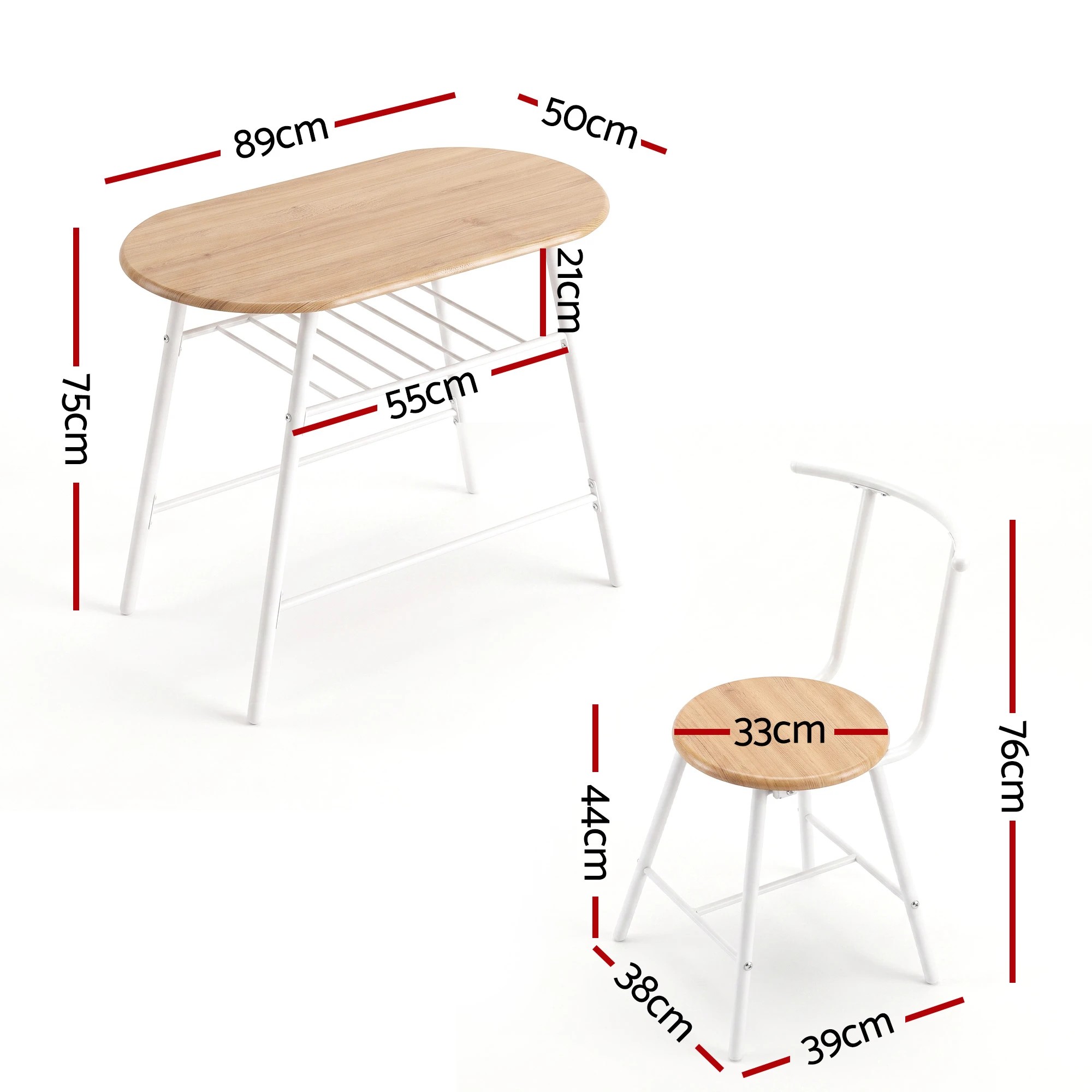 2 Artiss Oval Dining Table Set 3PC Space-Saving Bistro Kitchen Storage Wine Rack - Multi, 2 of 10