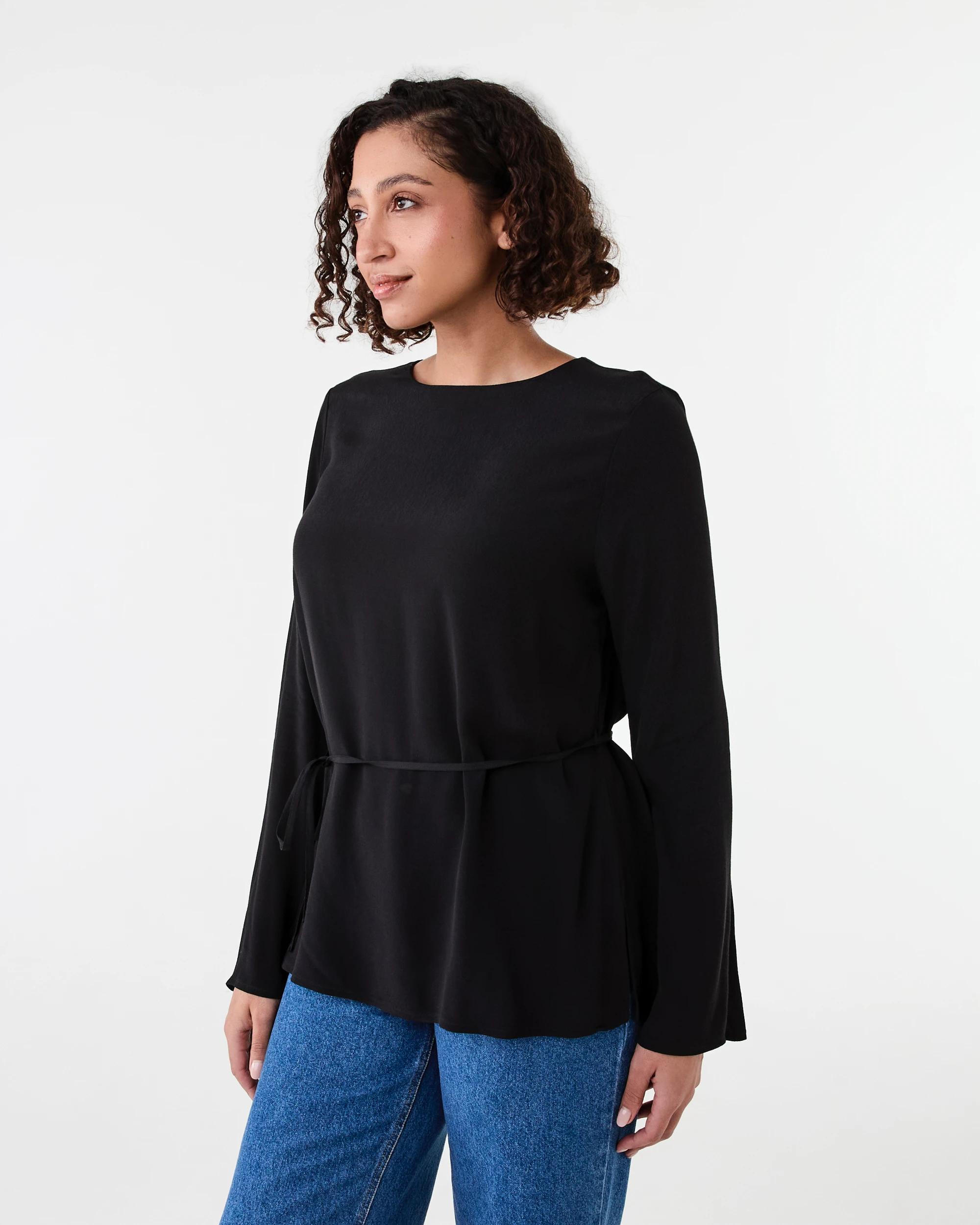 2 Long Sleeve Tie Waist Top Black, 2 of 7