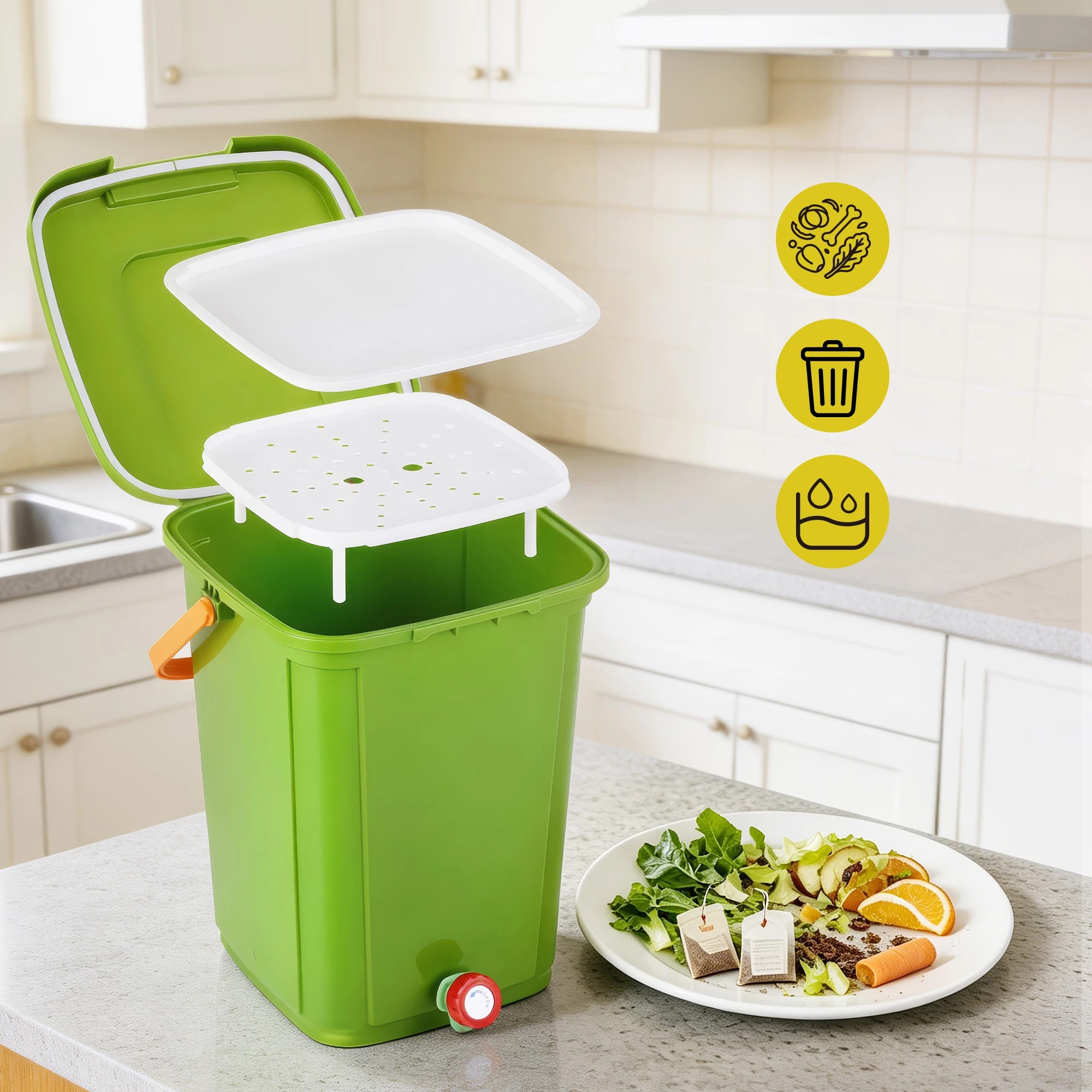 5 Gardeon 15L Kitchen Compost Bin Food Waste Caddy Countertop Drain Tap - Green, 5 of 8