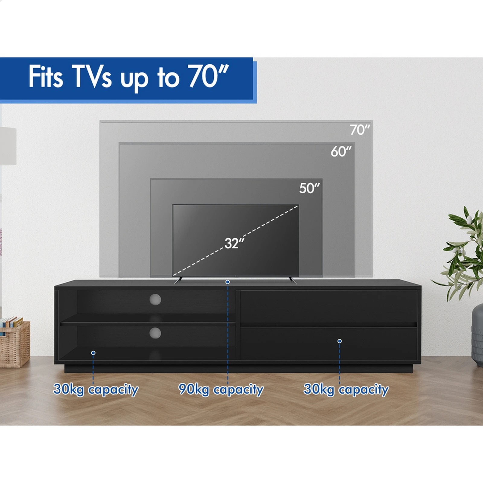 9 Alfordson Entertainment Unit TV Cabinet Stand Storage Drawer 180cm - Black, 9 of 10