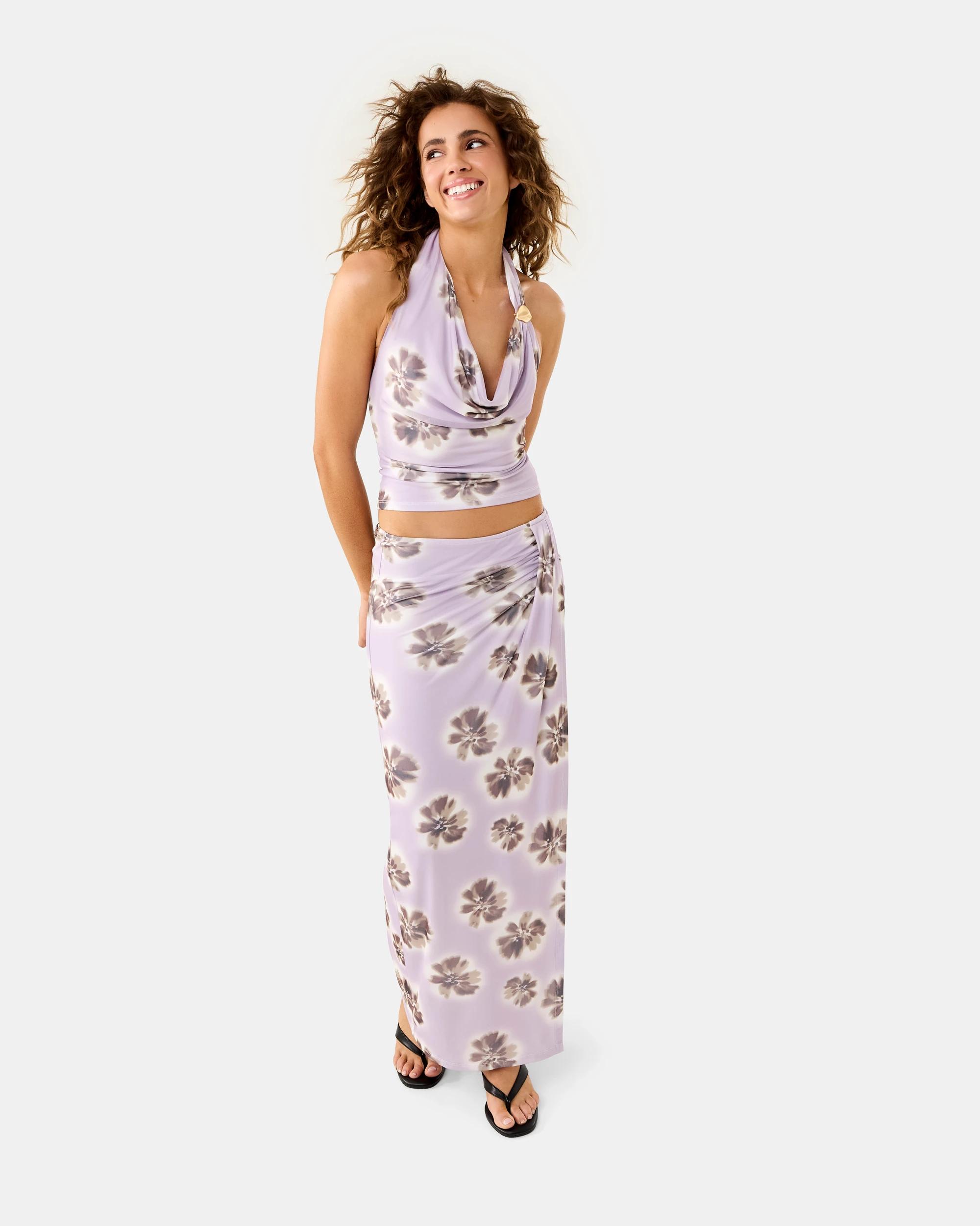 2 Sleeveless Mesh Print Halter Neck Top Pur Floral, 2 of 8
