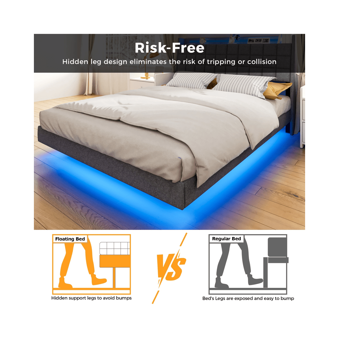 7 Advwin Queen Floating Bed Frame With Led Lights And Storage Headboard Dark Grey, 7 of 9